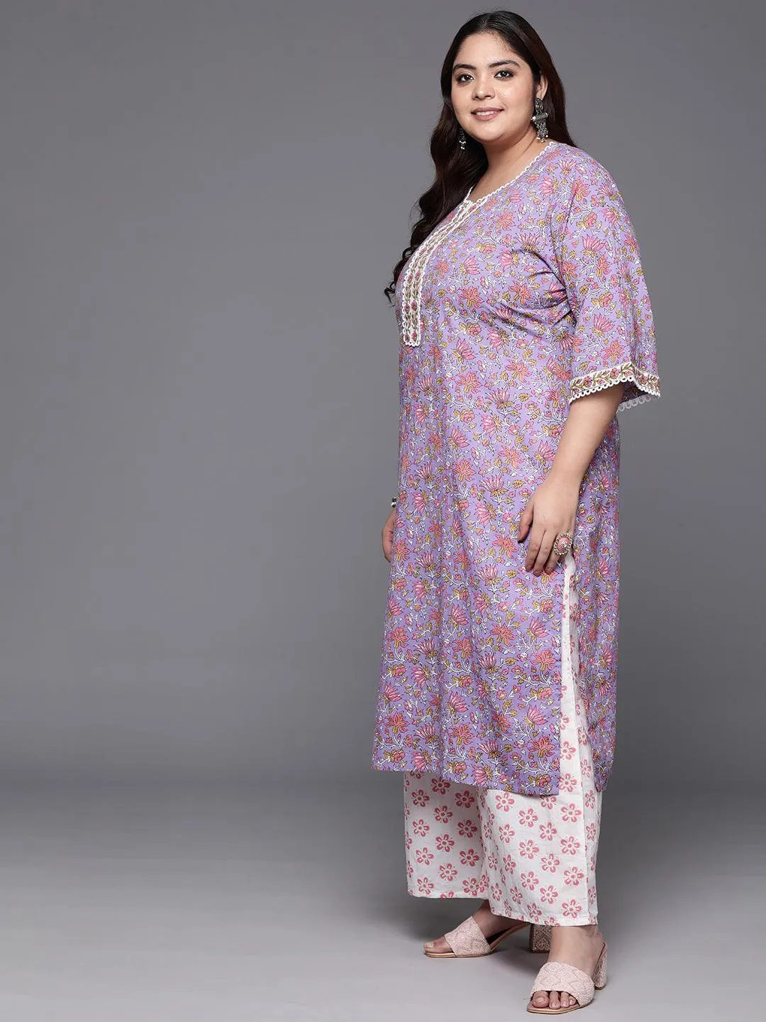 Plus Size Purple Printed Cotton Straight Suit With Dupatta