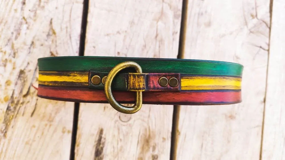 Rasta Dog Collar Rastafarian Dog Collar with Red Yellow Green Stripes and Brown wash, Bob Marley Jamaican leather dog  collar with name