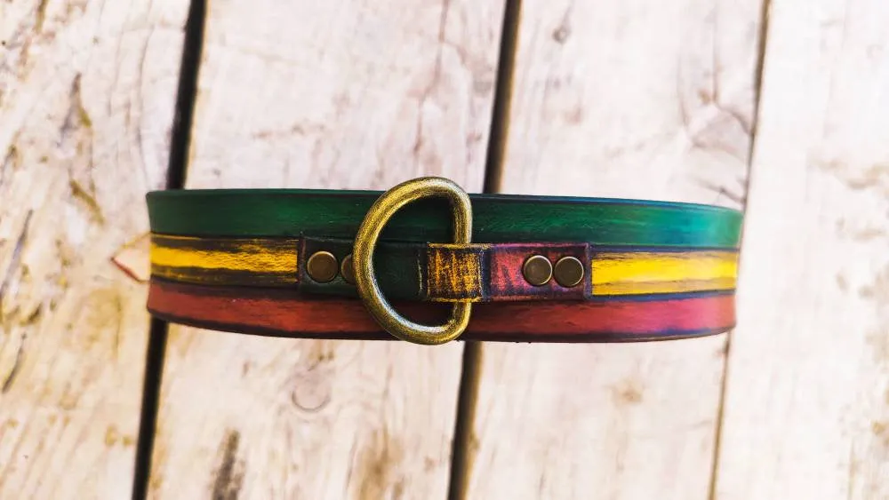 Rasta Dog Collar Rastafarian Dog Collar with Red Yellow Green Stripes and Brown wash, Bob Marley Jamaican leather dog  collar with name