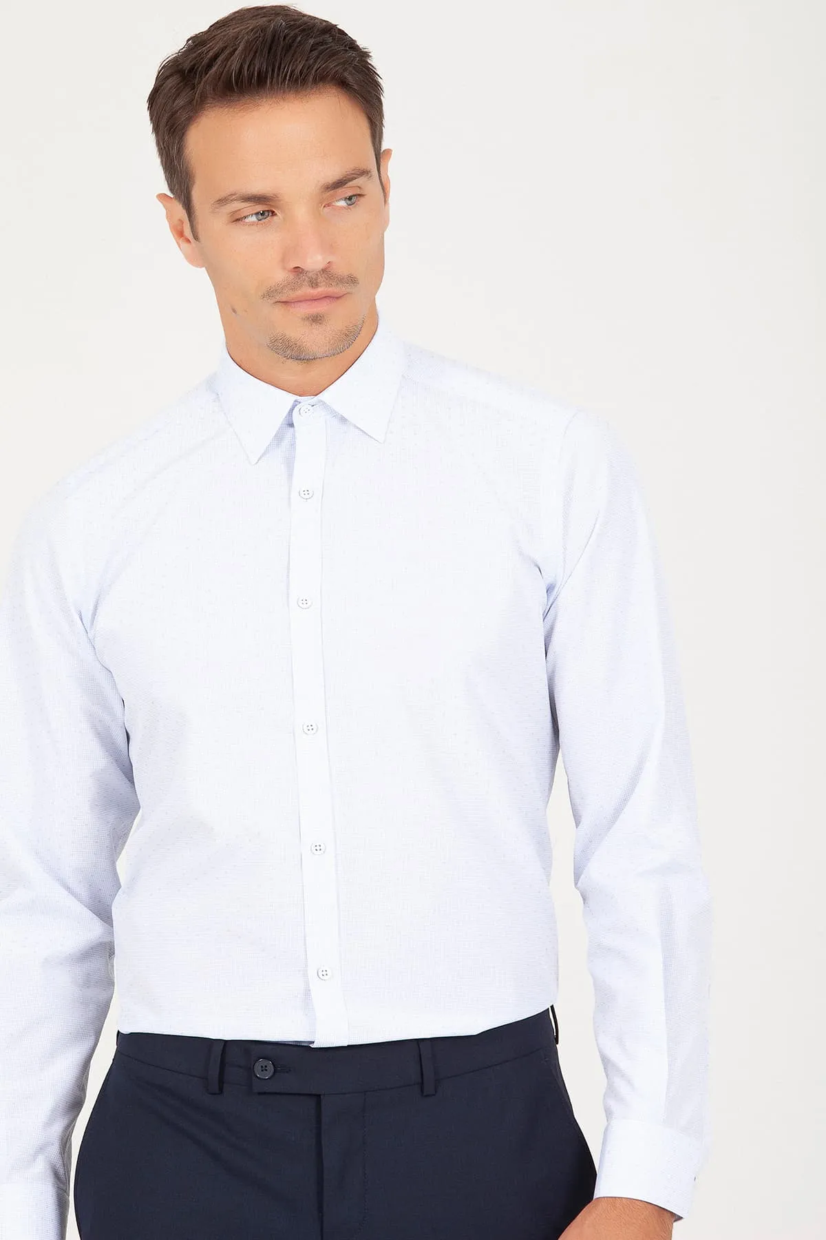 Regular Fit Patterned Cotton Blend Dress Shirt, Light Blue P.