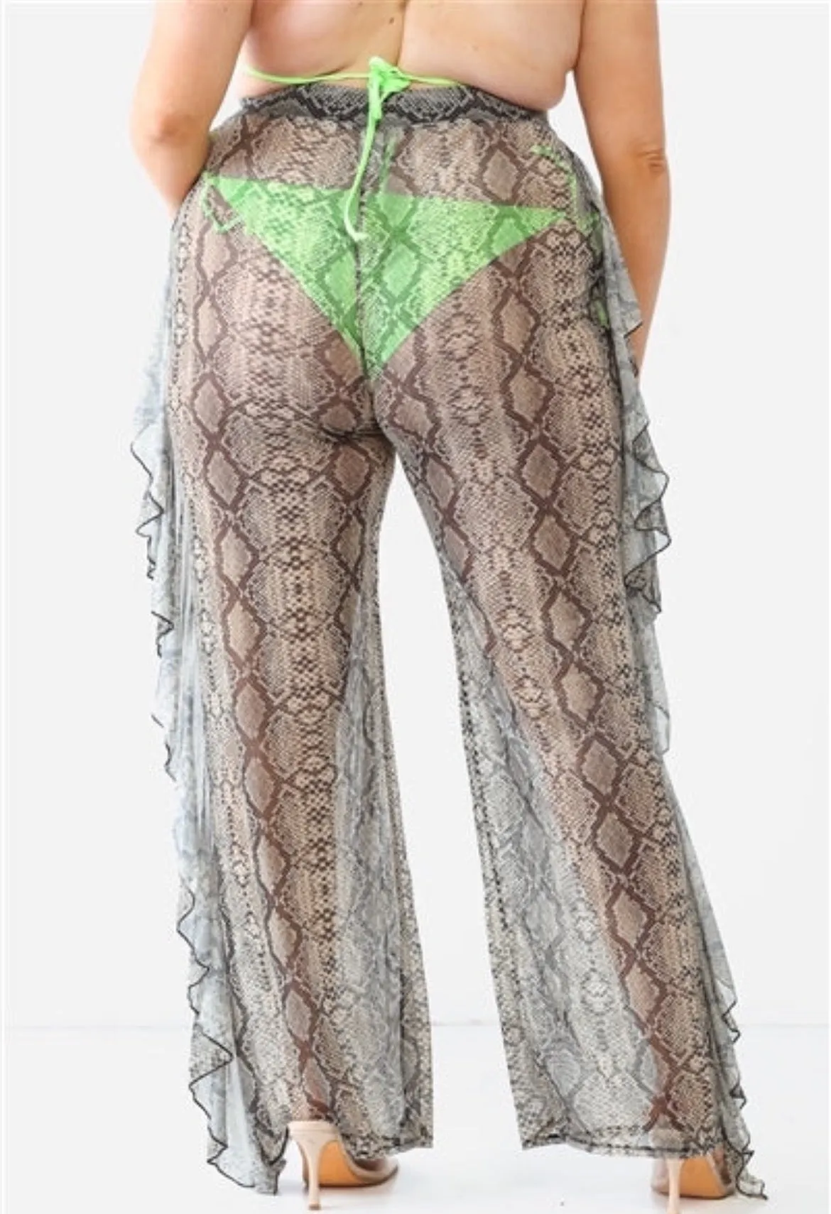 Reptile Snake Grey Sheer Mesh Sexy Ruffle High Waist Pants