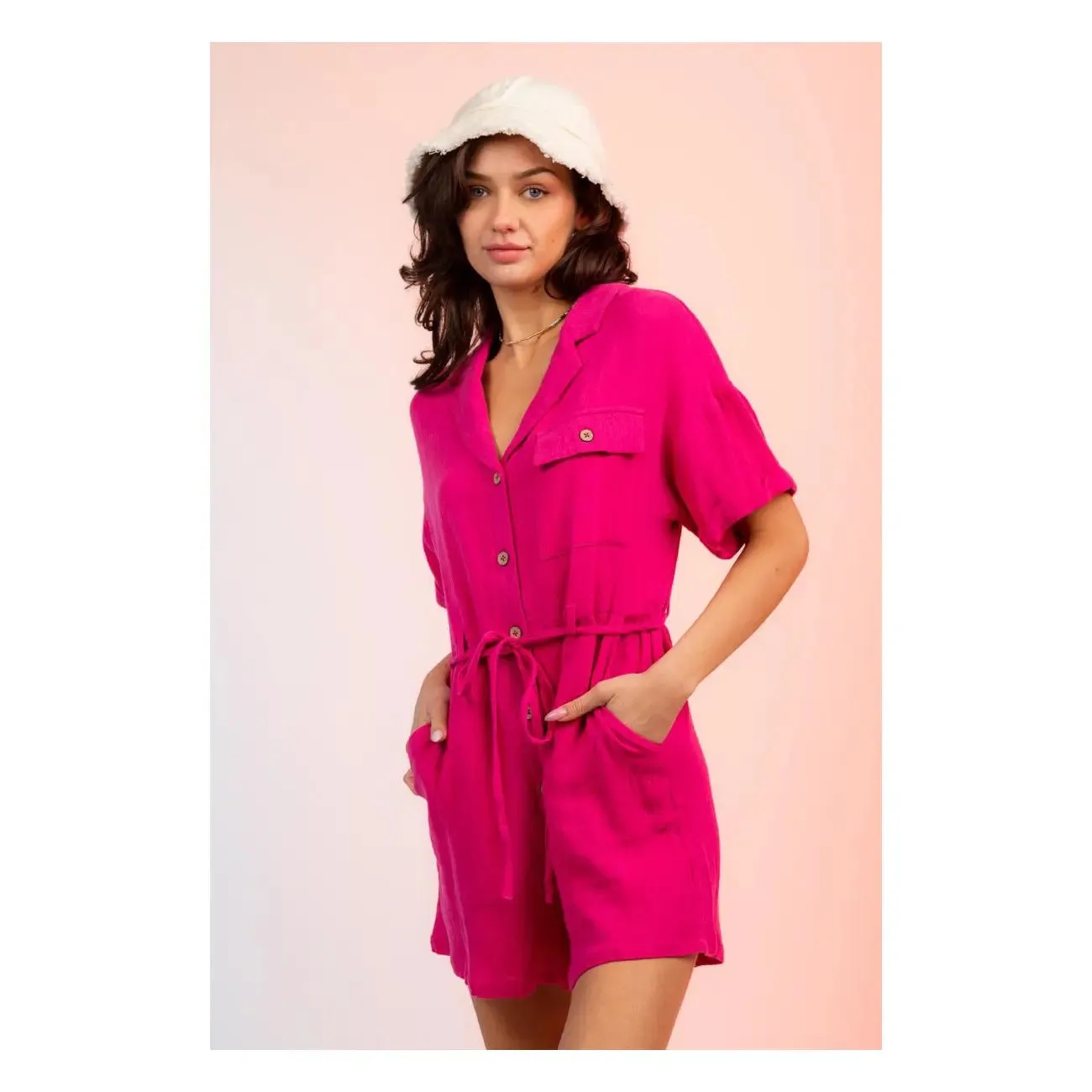 Romper Button Down Gauze Pink