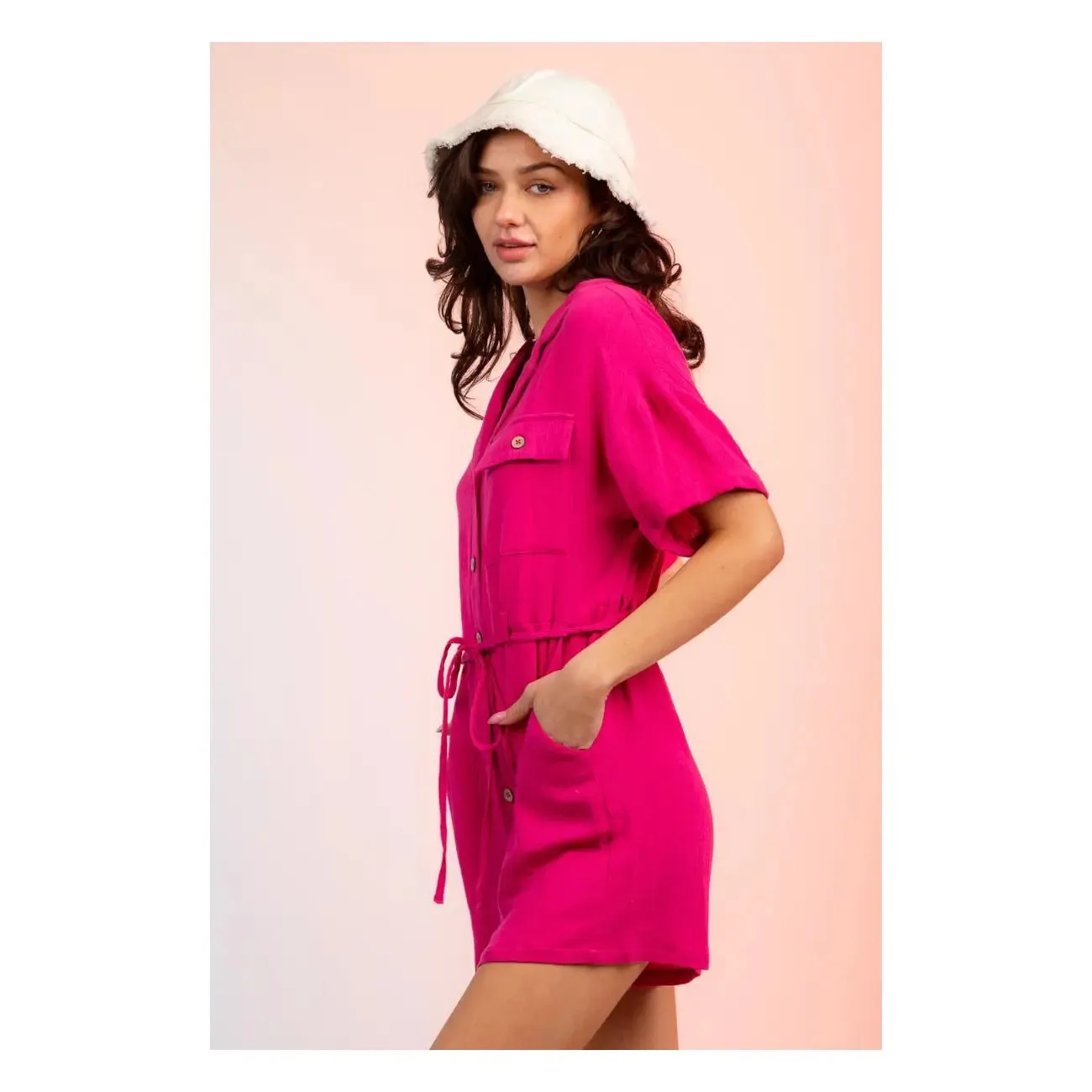 Romper Button Down Gauze Pink