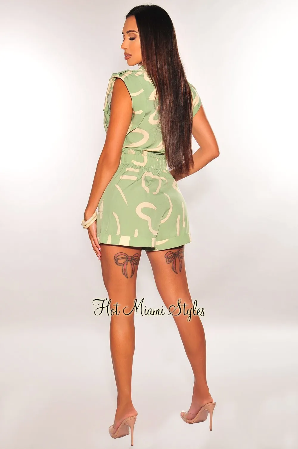 Sage Abstract Print Button Up Sleeveless Belted Romper