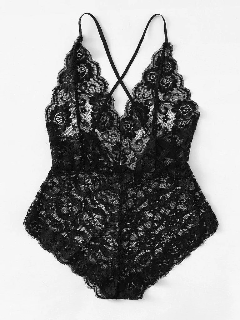 Scalloped Edge Cross Back Lace Teddy