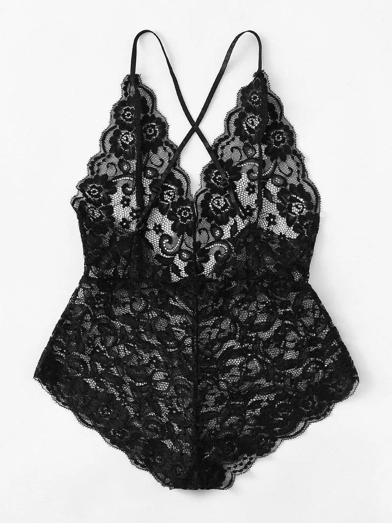 Scalloped Edge Cross Back Lace Teddy