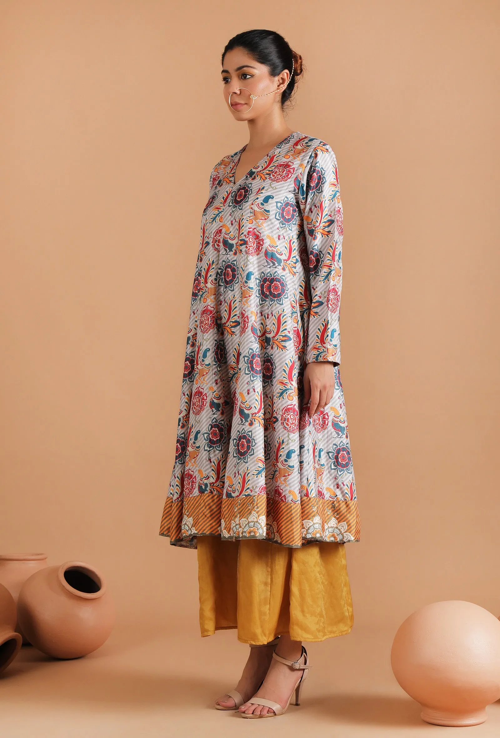 Set Of 2: Nayantara Allover Kalamkari Flared Kalidar Kurta With Flared Pallazo Pants