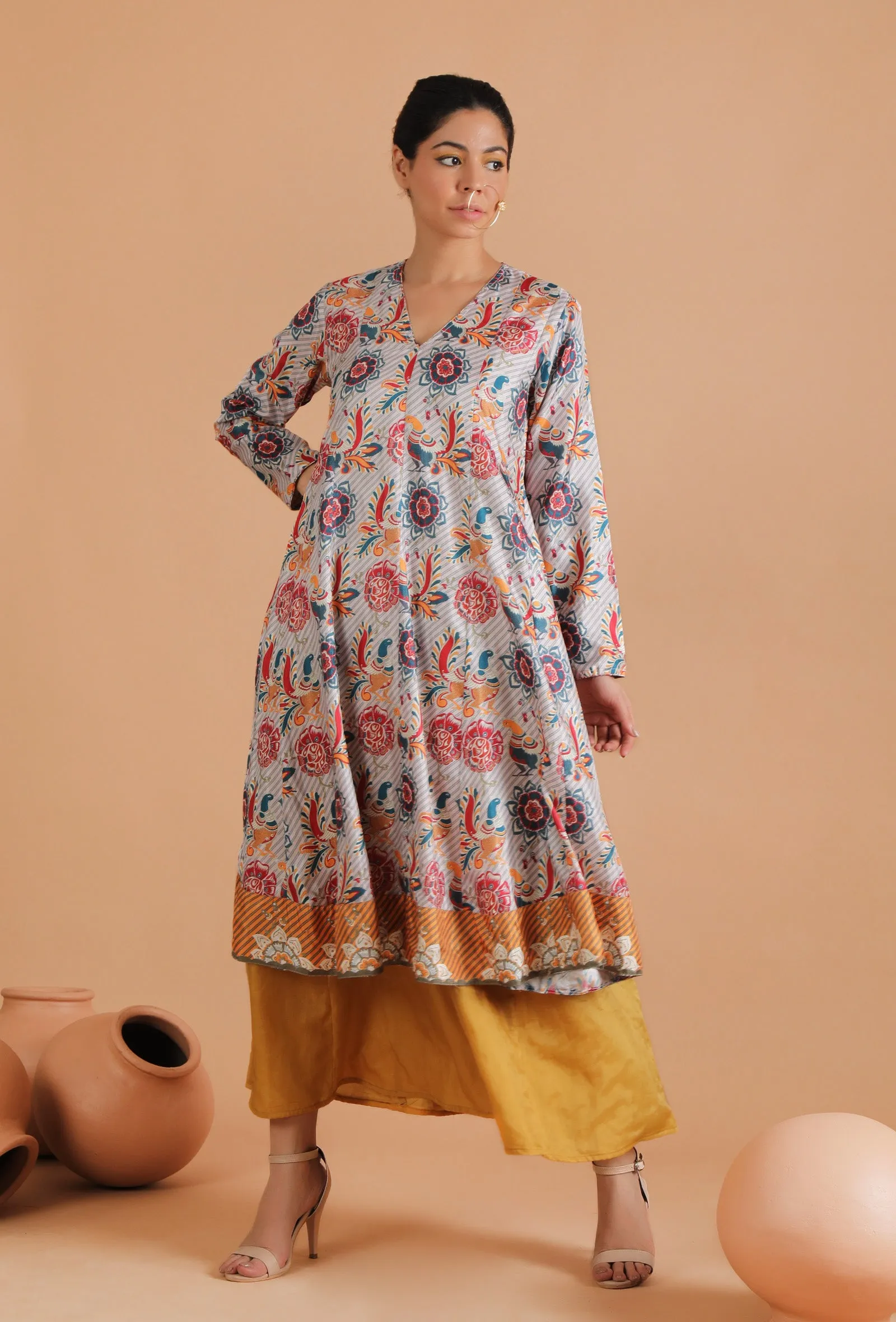 Set Of 2: Nayantara Allover Kalamkari Flared Kalidar Kurta With Flared Pallazo Pants