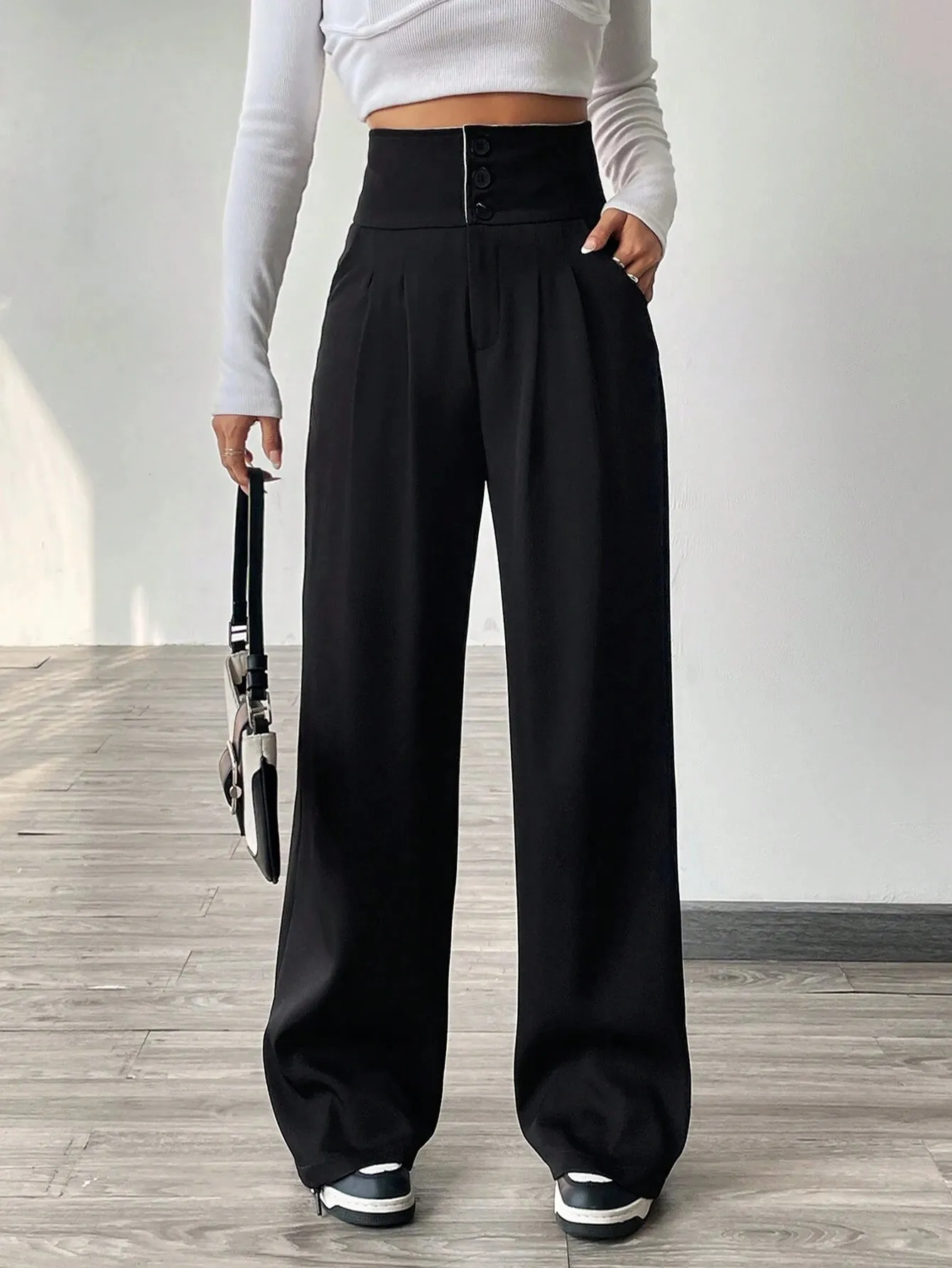 SHEIN EZwear Contrast Color Turn-Waist Trousers