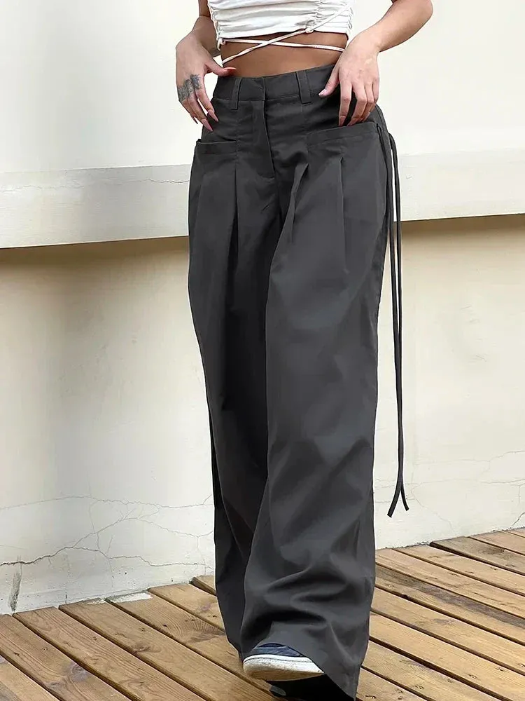 Shirring Women High Waist Y2k Streetwear Casual Suit Loose Office Lady Pants