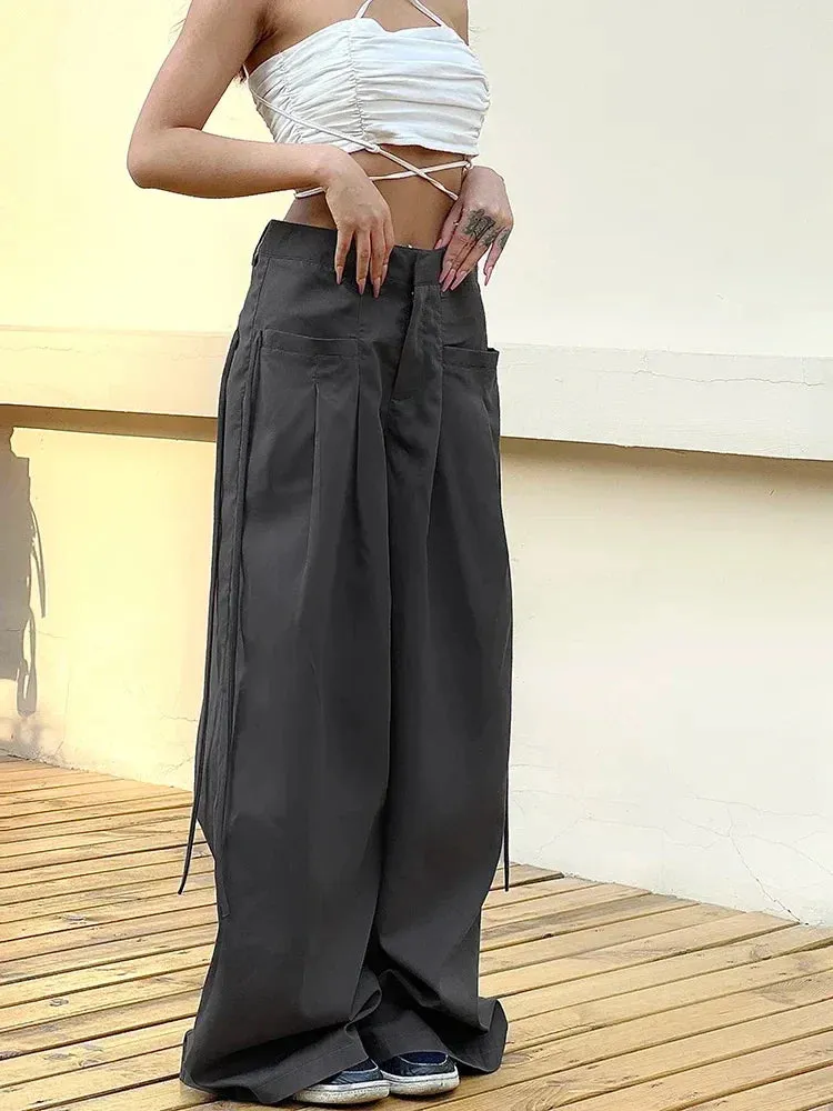 Shirring Women High Waist Y2k Streetwear Casual Suit Loose Office Lady Pants