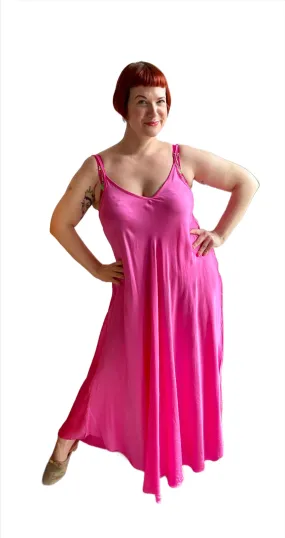 Silky Satin Long Dress in Fuchsia & Black By Eternelle - S-XL(  )