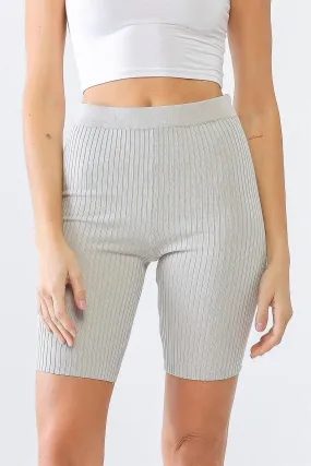 Silver Ribbed High Waist Slim Fit Stretchy Shorts