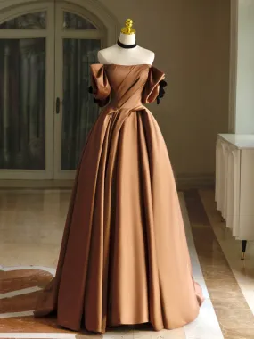 Simple A-Line  Satin Brown Long Prom Dress, Brown Long Formal Dress