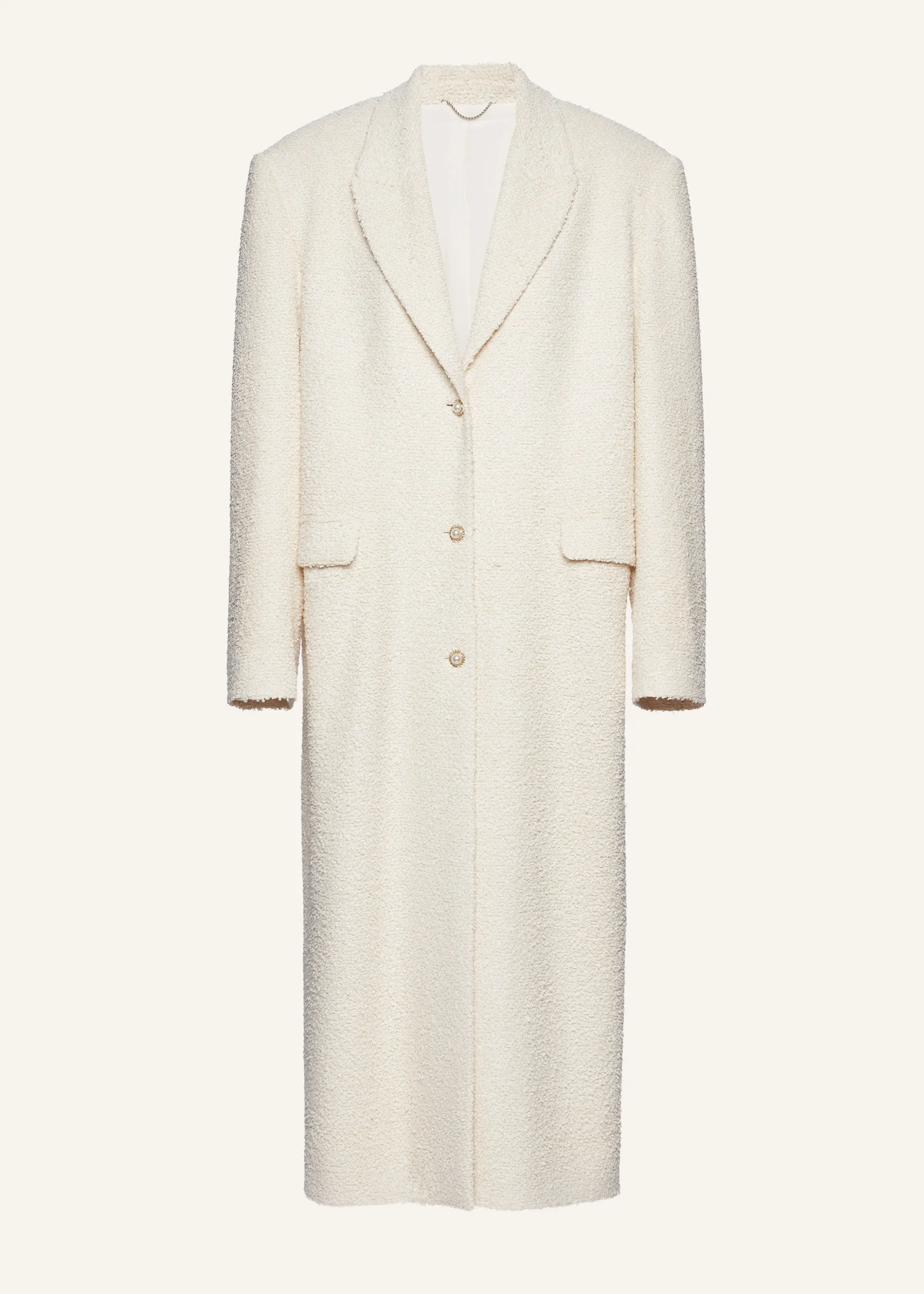 Single breasted long coat in beige bouclé