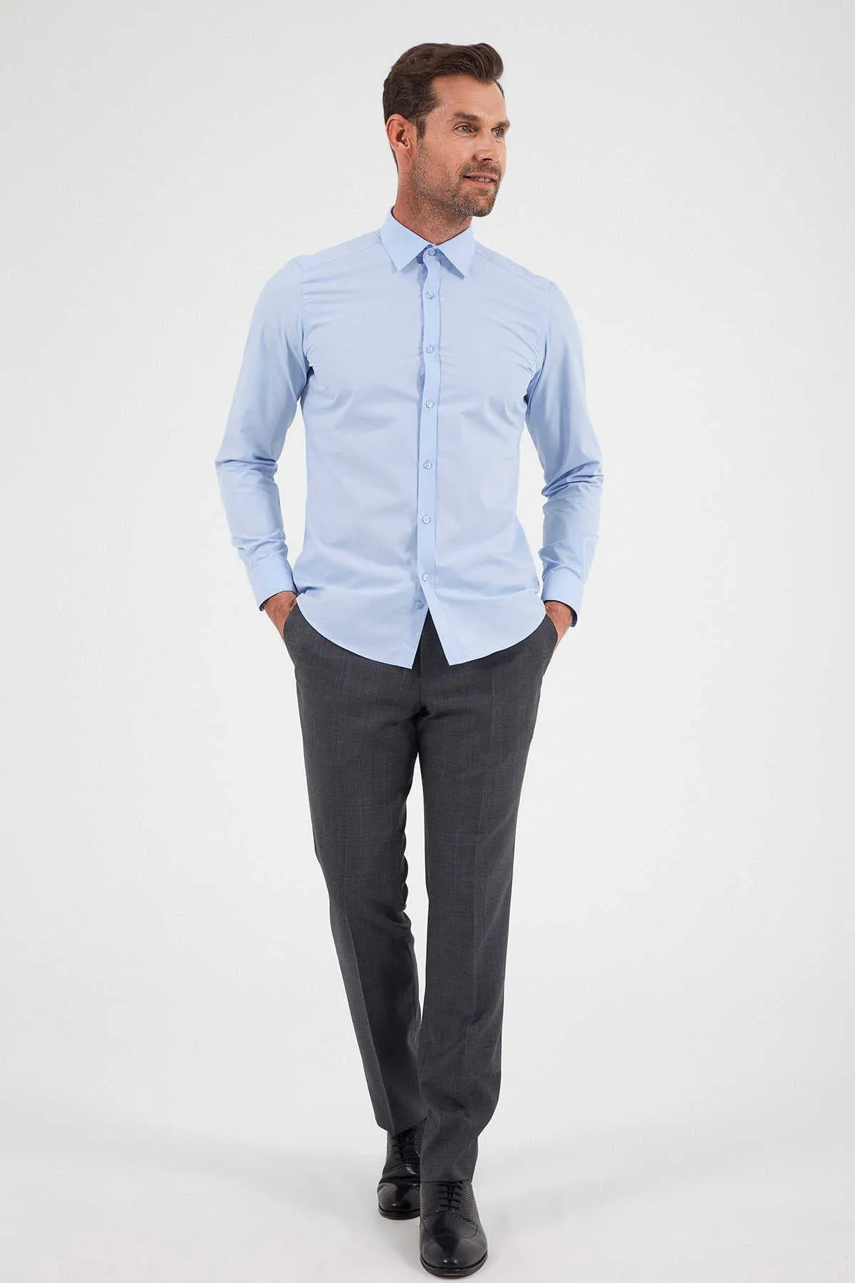 Slim Fit Long Sleeve Plain Cotton Dress Shirt, Ice Blue