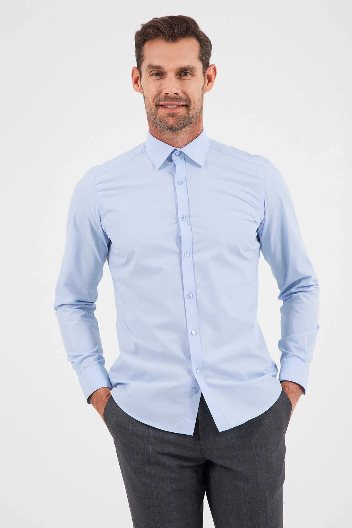 Slim Fit Long Sleeve Plain Cotton Dress Shirt, Ice Blue