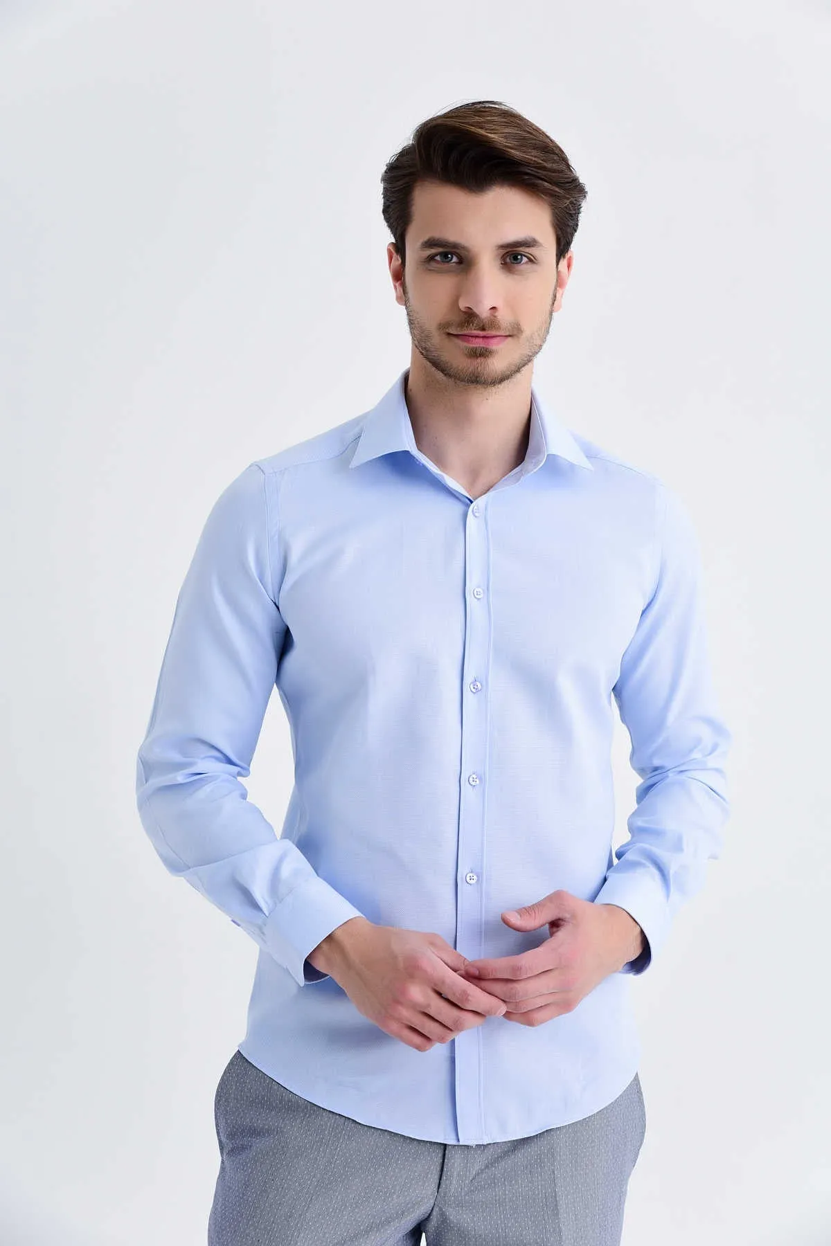 Slim Fit Patterned Cotton Blend Casual Shirt, Ice Blue D.