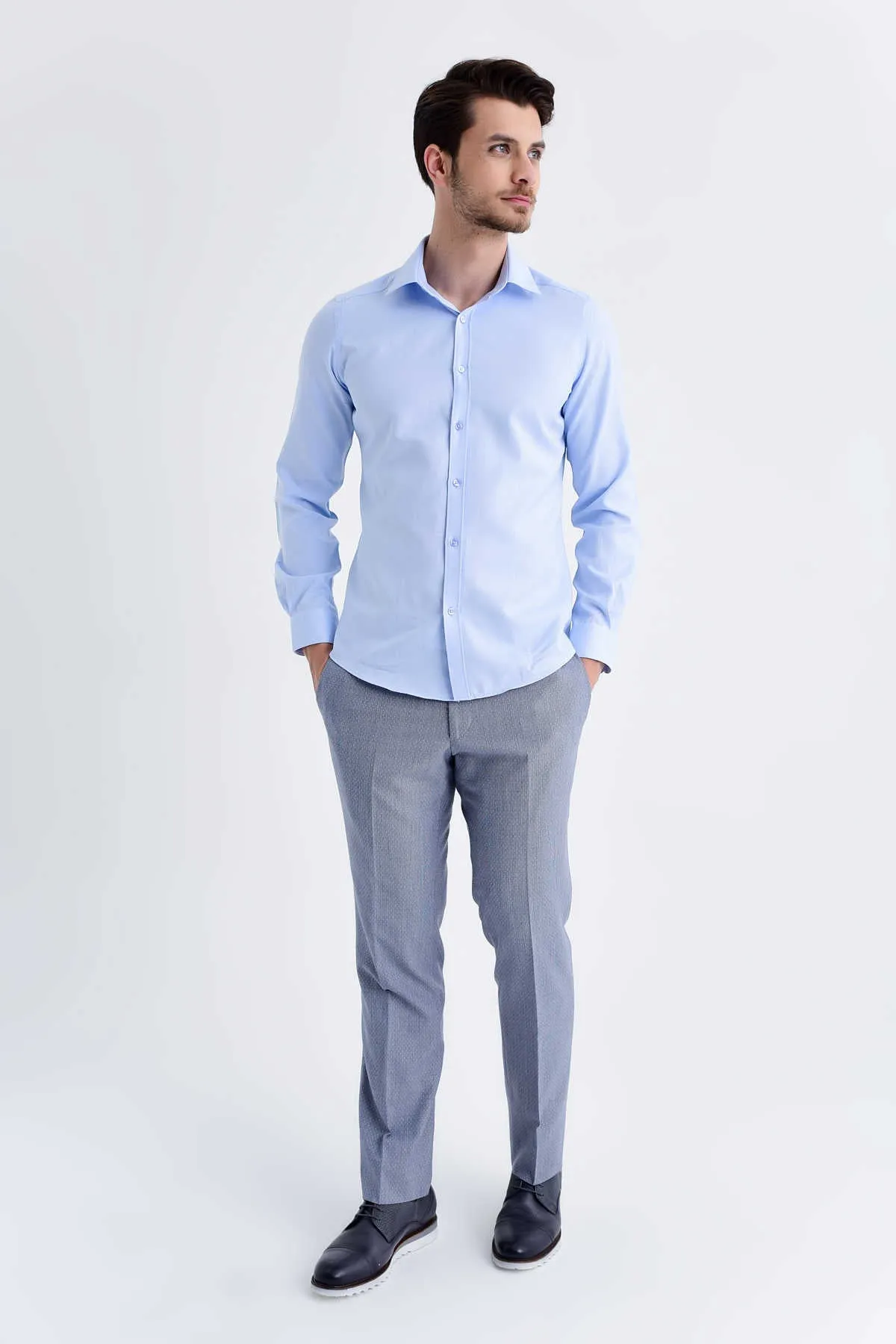 Slim Fit Patterned Cotton Blend Casual Shirt, Ice Blue D.