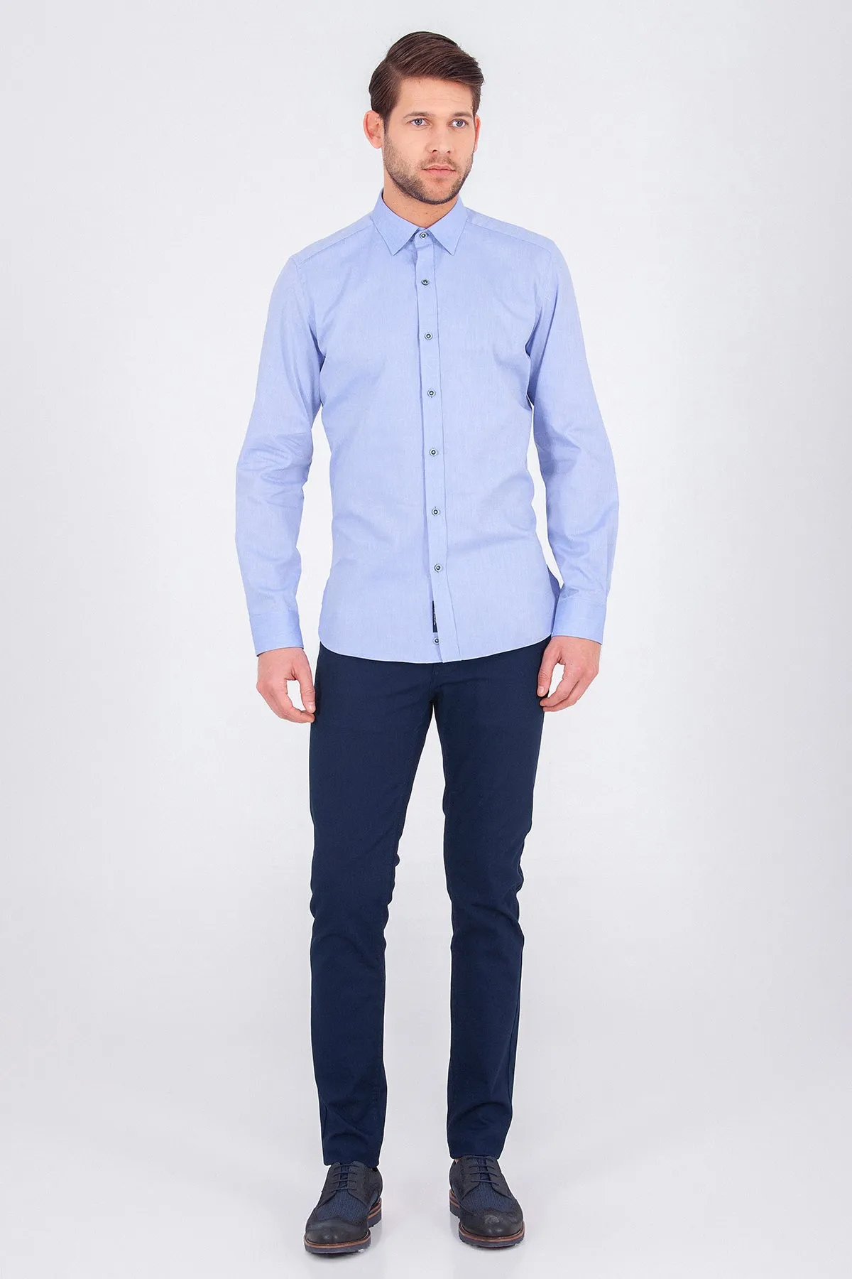 Slim Fit Plain Long Sleeve Cotton Blue Casual Shirt