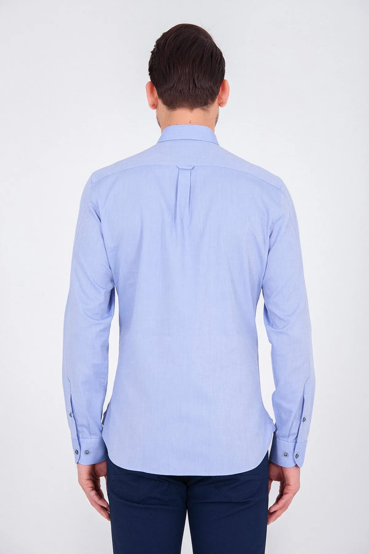 Slim Fit Plain Long Sleeve Cotton Blue Casual Shirt