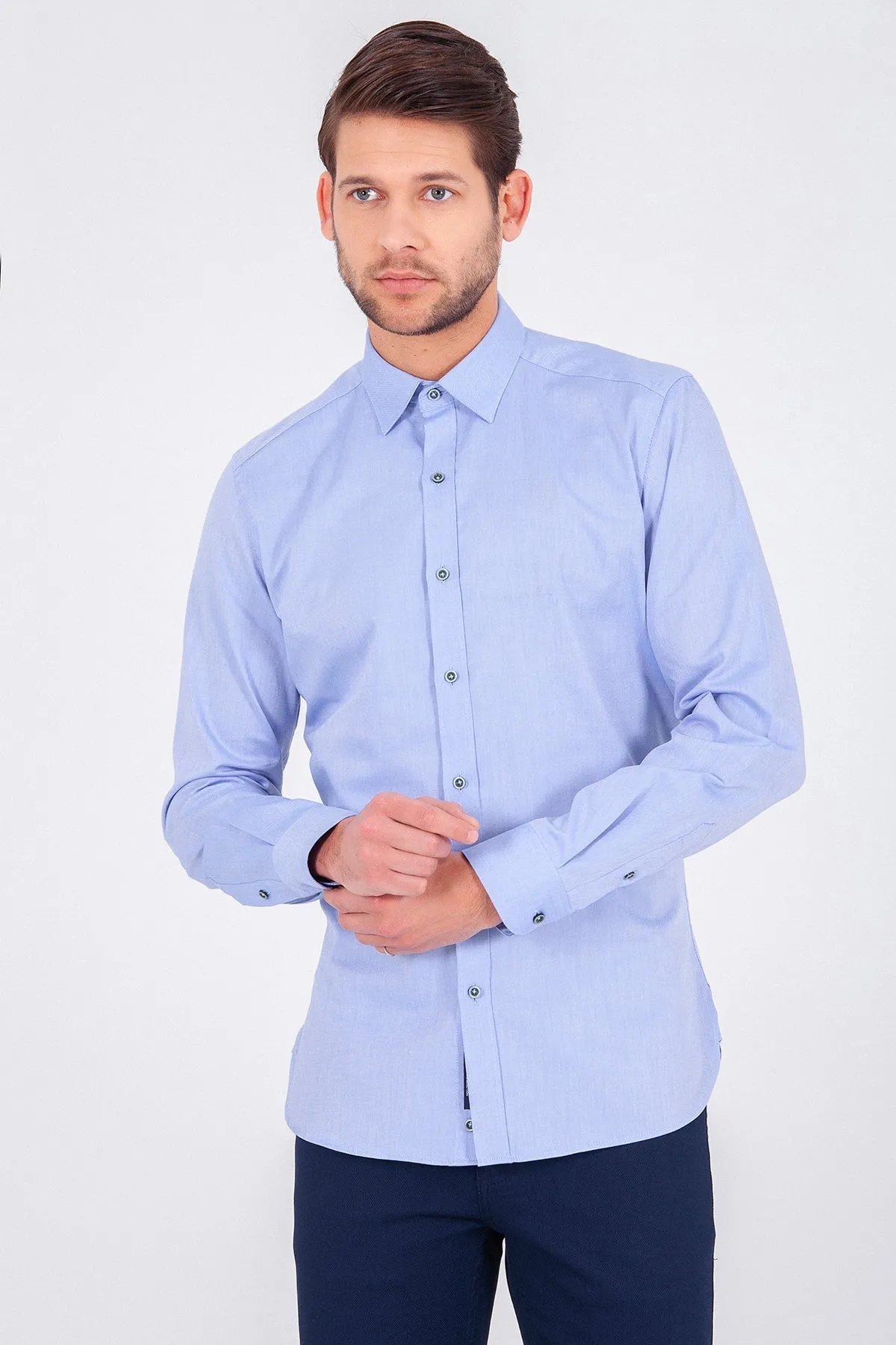 Slim Fit Plain Long Sleeve Cotton Blue Casual Shirt