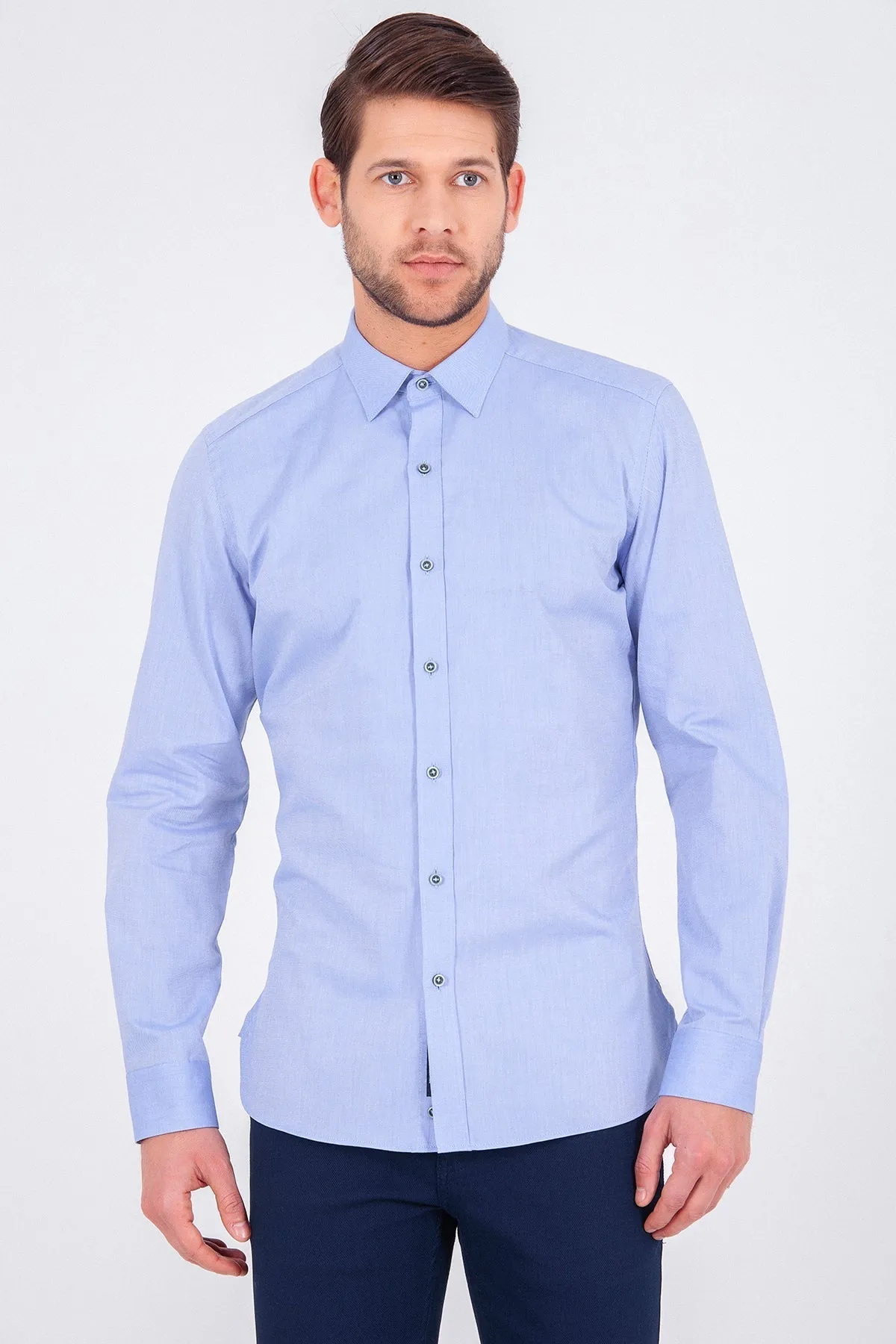 Slim Fit Plain Long Sleeve Cotton Blue Casual Shirt