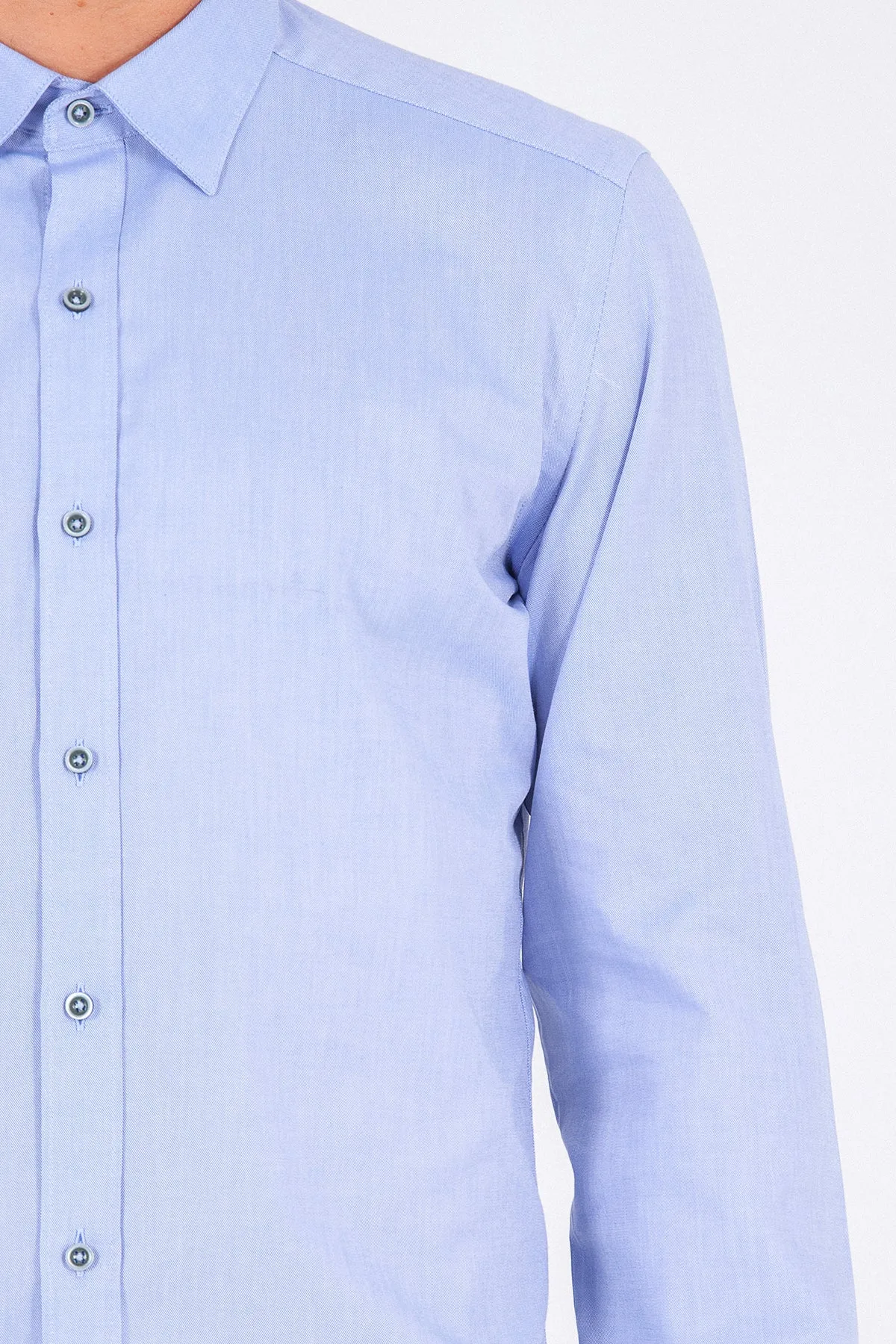 Slim Fit Plain Long Sleeve Cotton Blue Casual Shirt