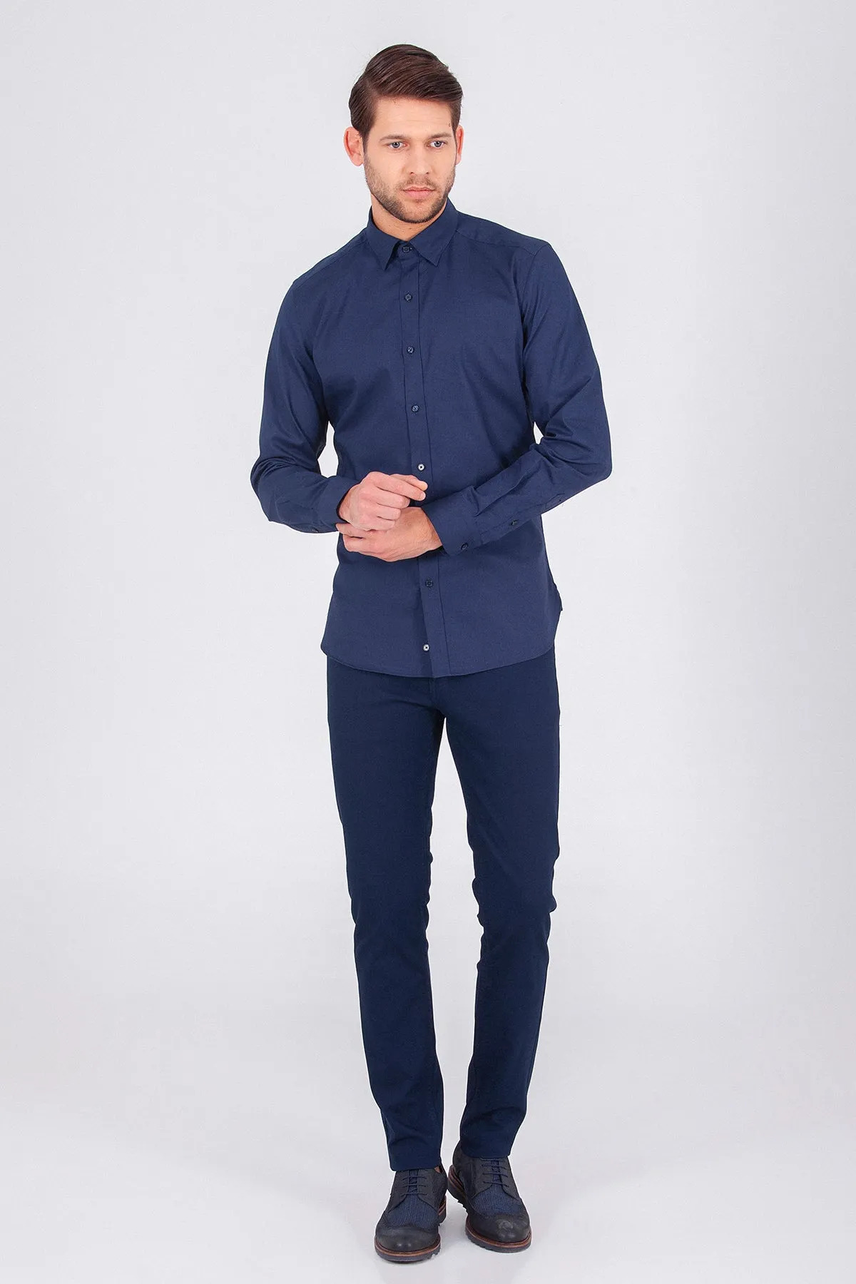 Slim Fit Plain Long Sleeve Cotton Navy Dress Shirt