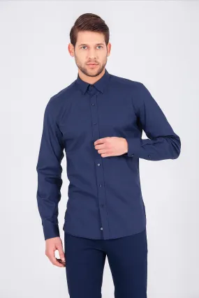 Slim Fit Plain Long Sleeve Cotton Navy Dress Shirt