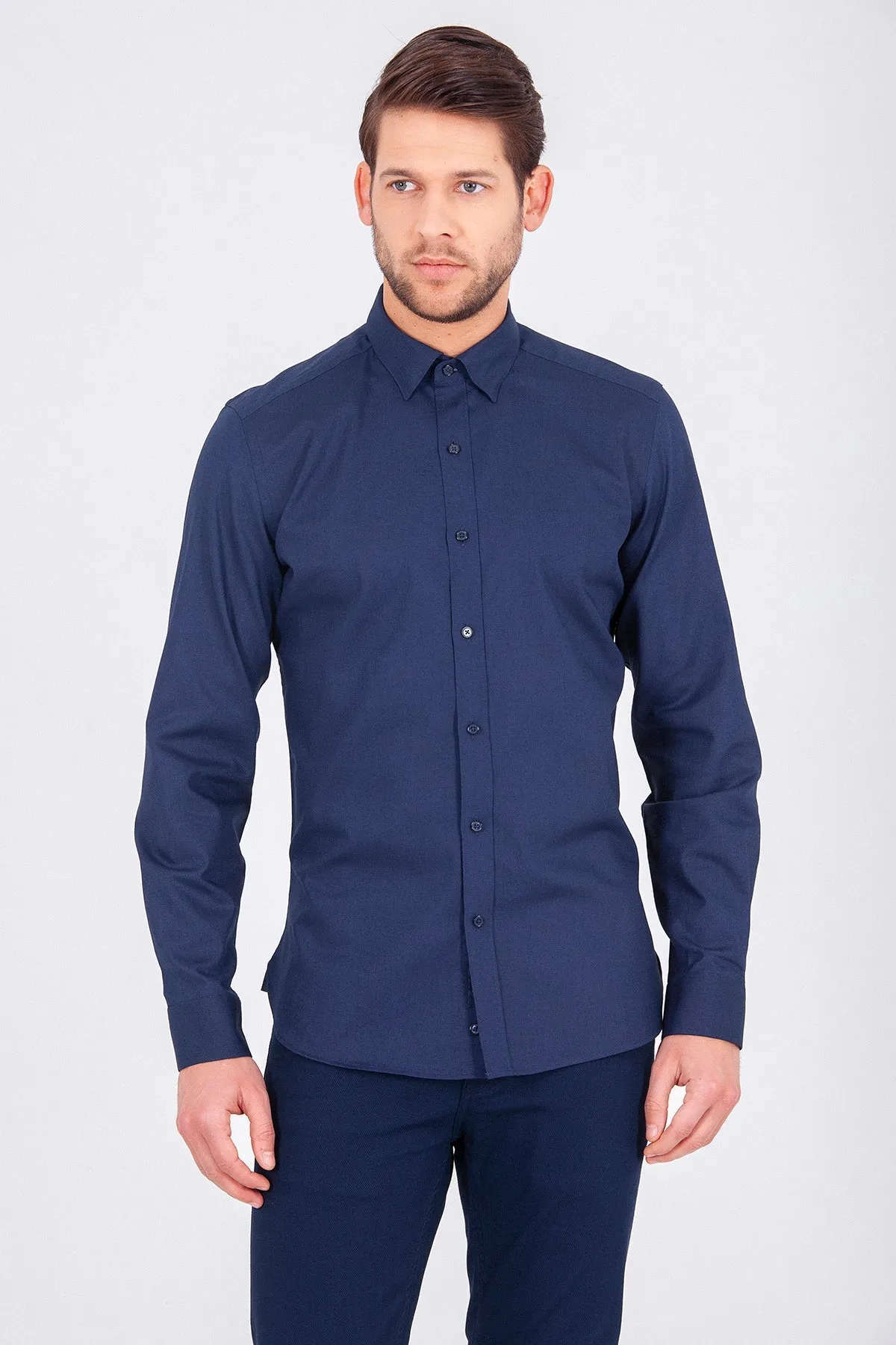 Slim Fit Plain Long Sleeve Cotton Navy Dress Shirt