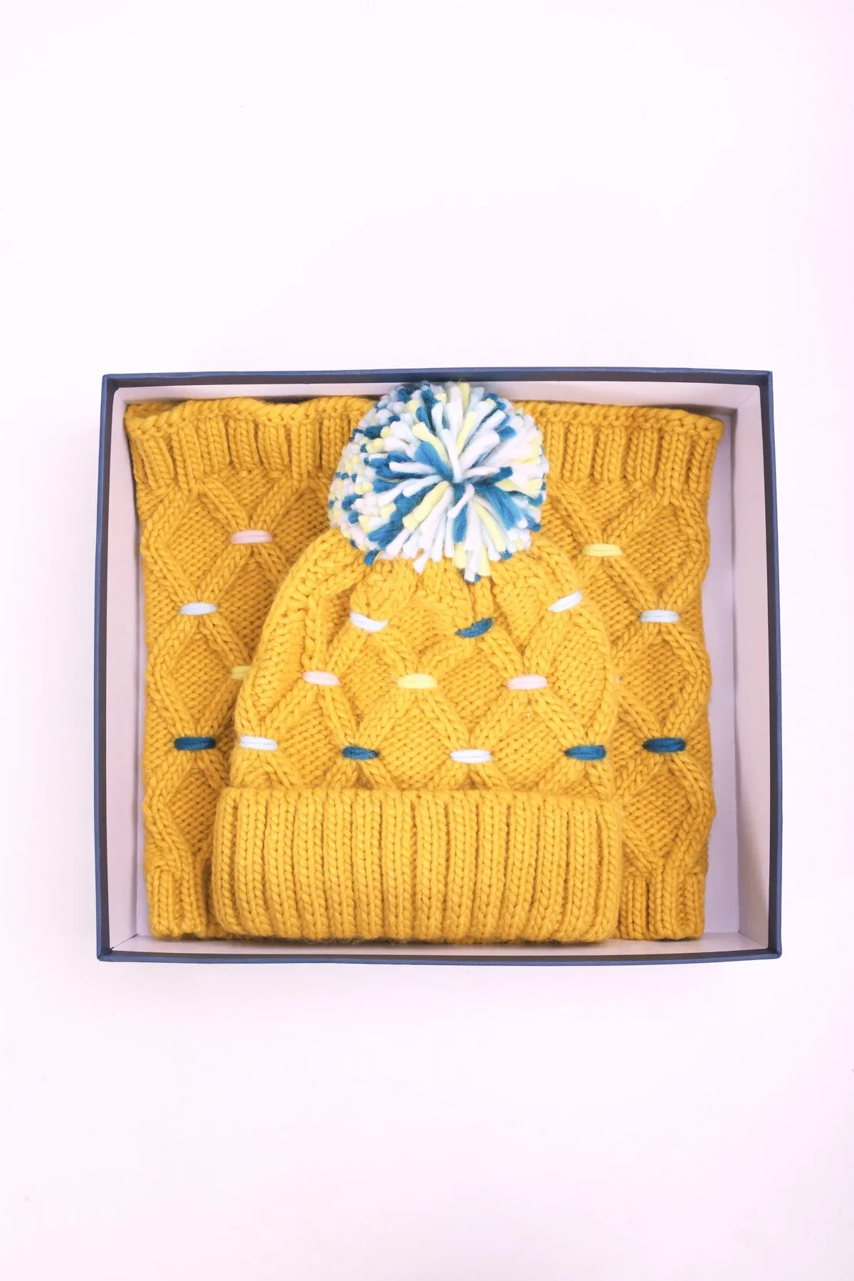 Snood Scarf & Beanie Hat Gift Set in Mustard