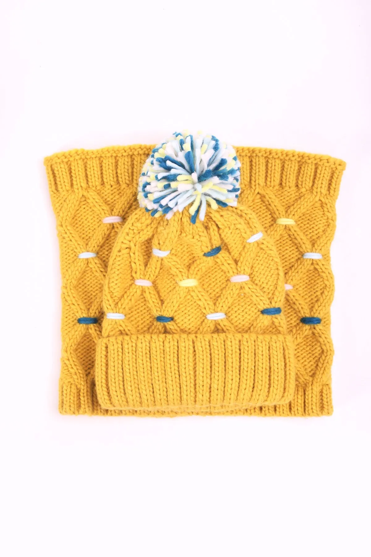 Snood Scarf & Beanie Hat Gift Set in Mustard