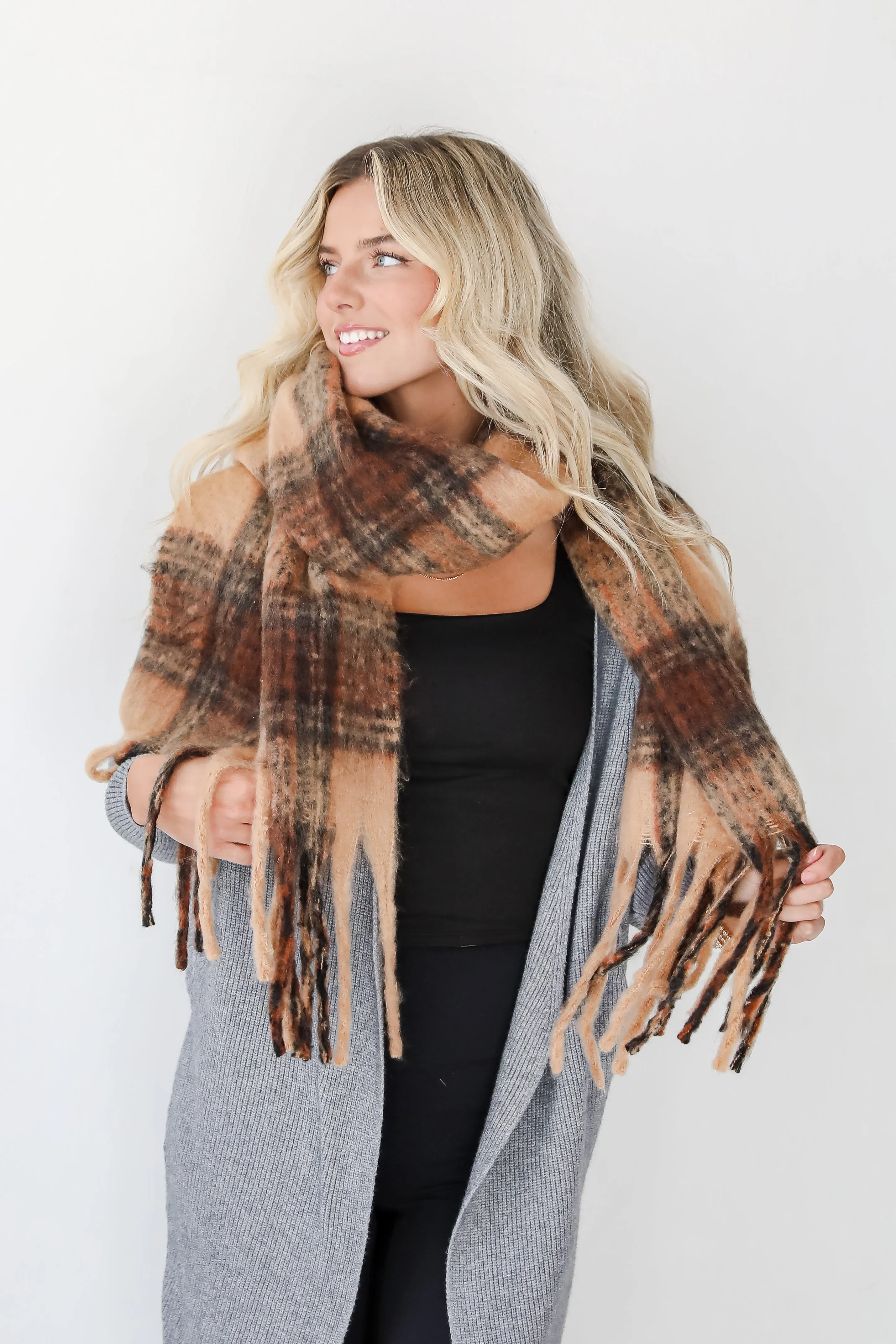 Snuggly Elevation Plaid Fringe Scarf - DOORBUSTER