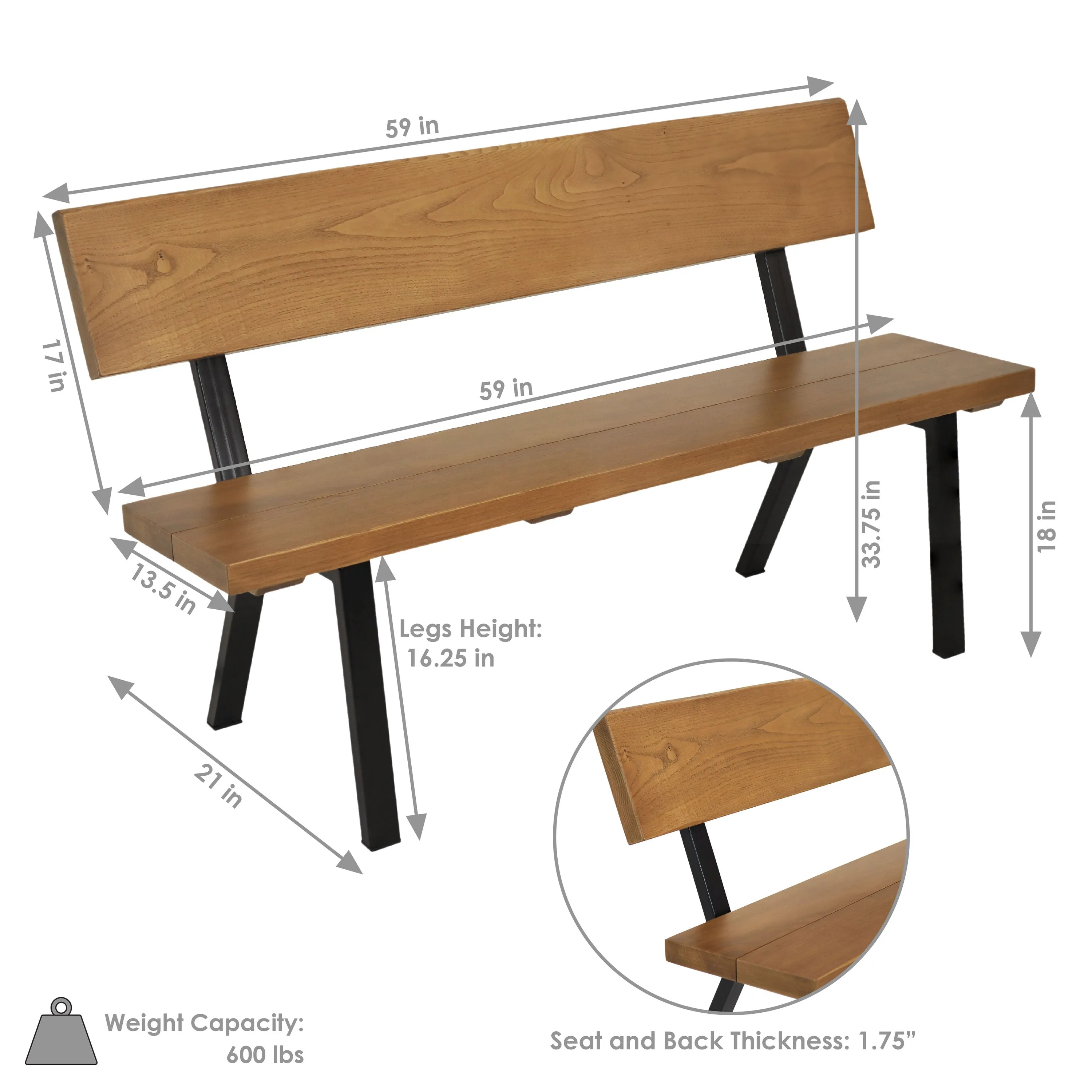 Sunnydaze 59" European Chestnut Wood Patio Bench with Steel Frame