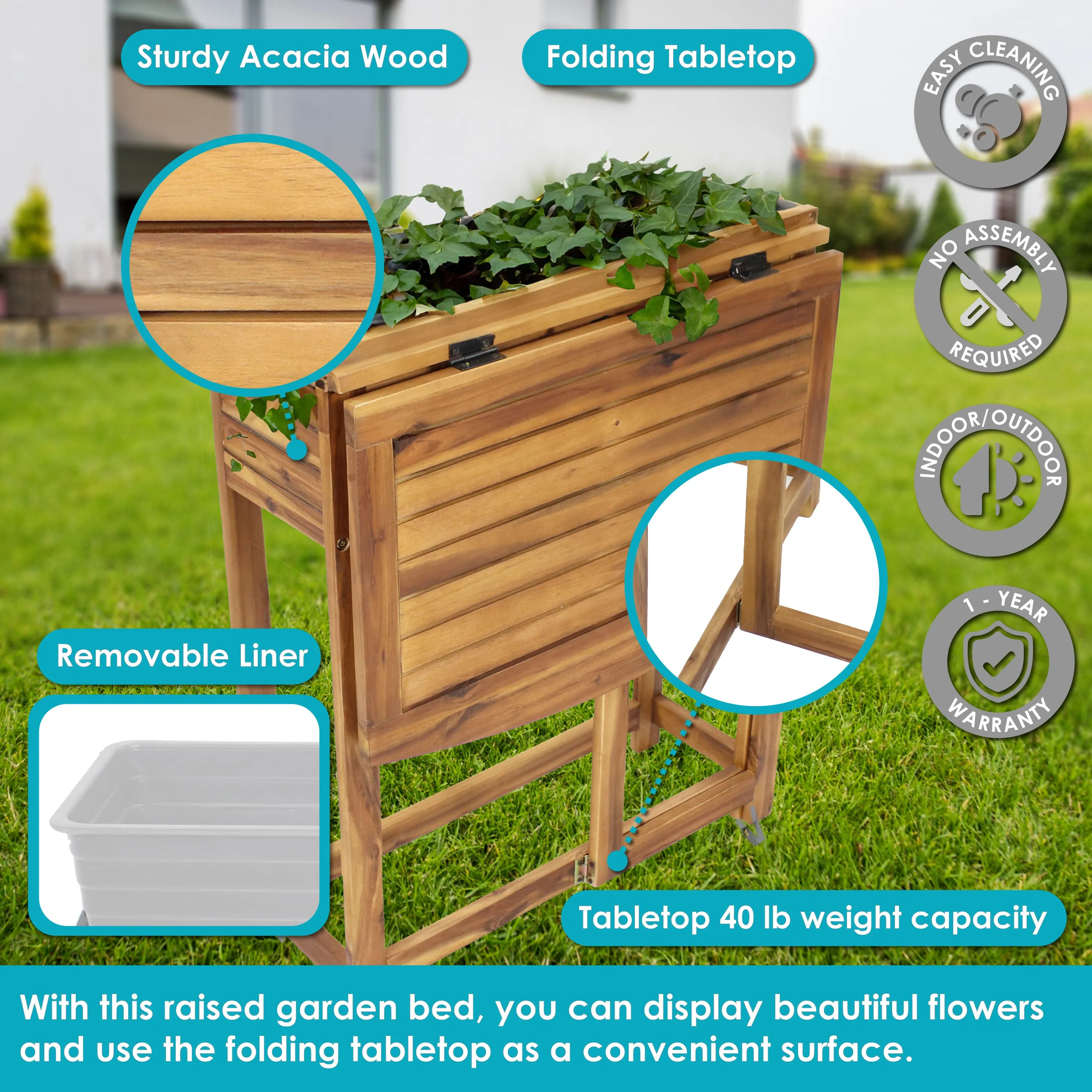 Sunnydaze Acacia Wood Raised Garden Bed with Shelf - 30.5" H