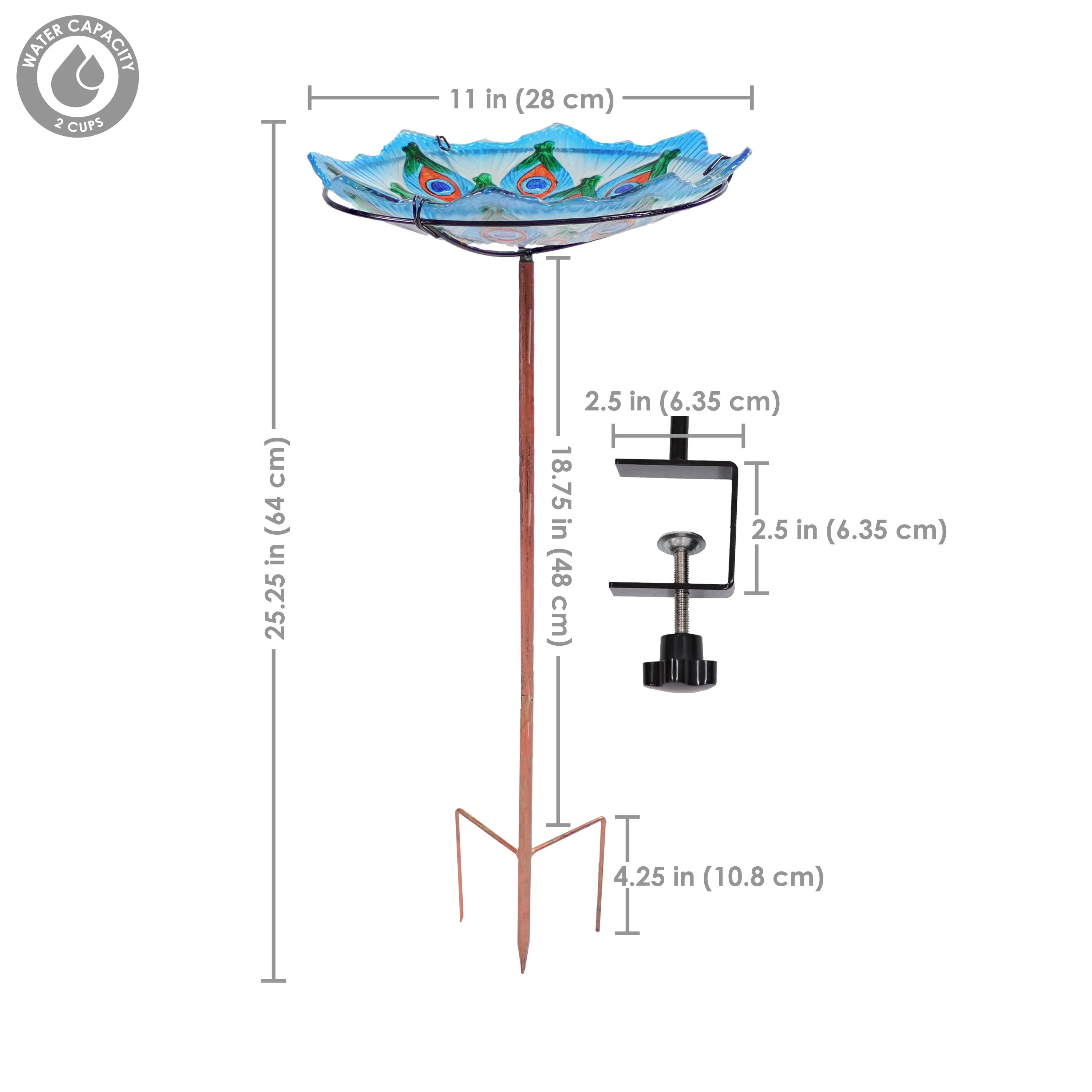 Sunnydaze Exquisite Feathers Deck-Mounted/Staked Glass Bird Bath