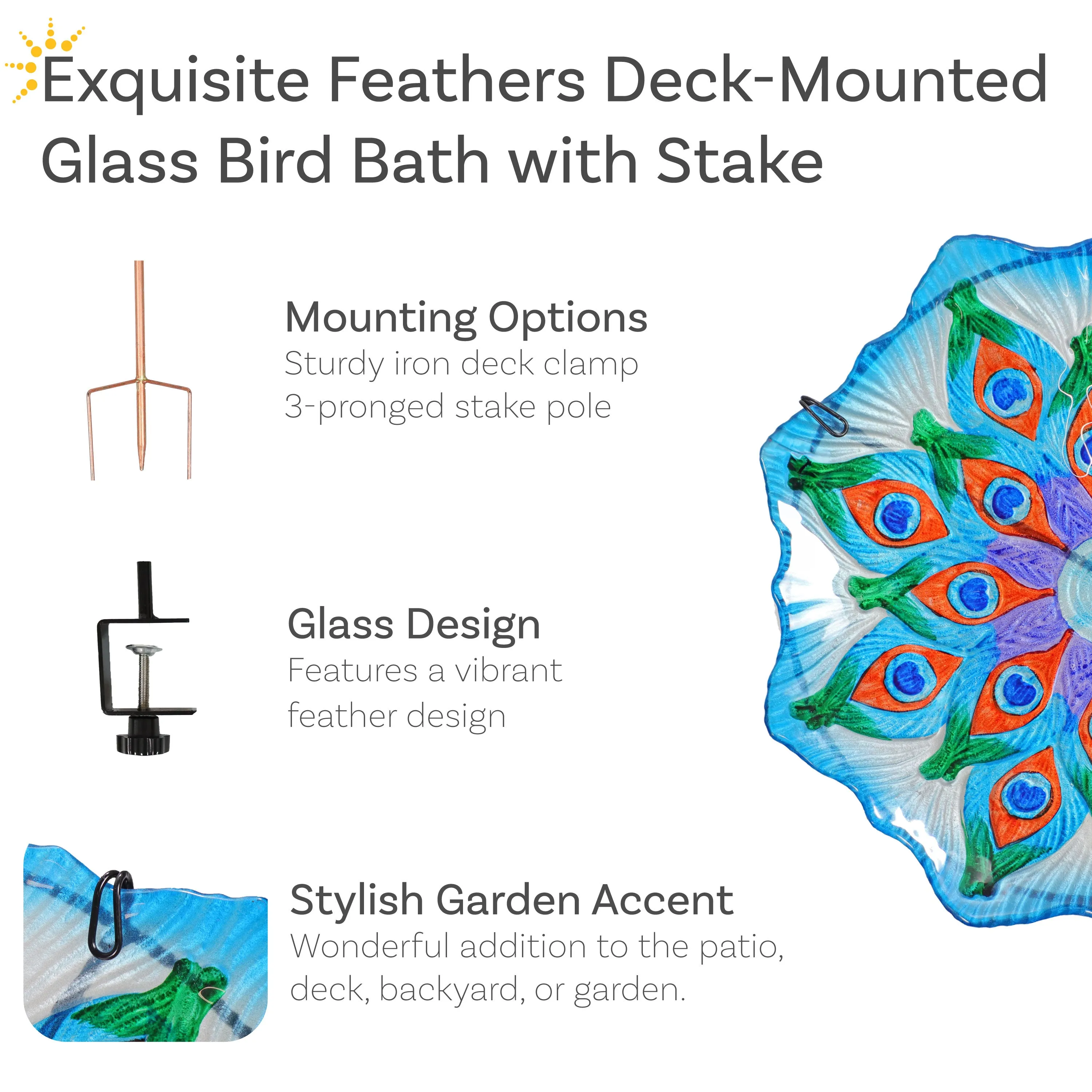 Sunnydaze Exquisite Feathers Deck-Mounted/Staked Glass Bird Bath