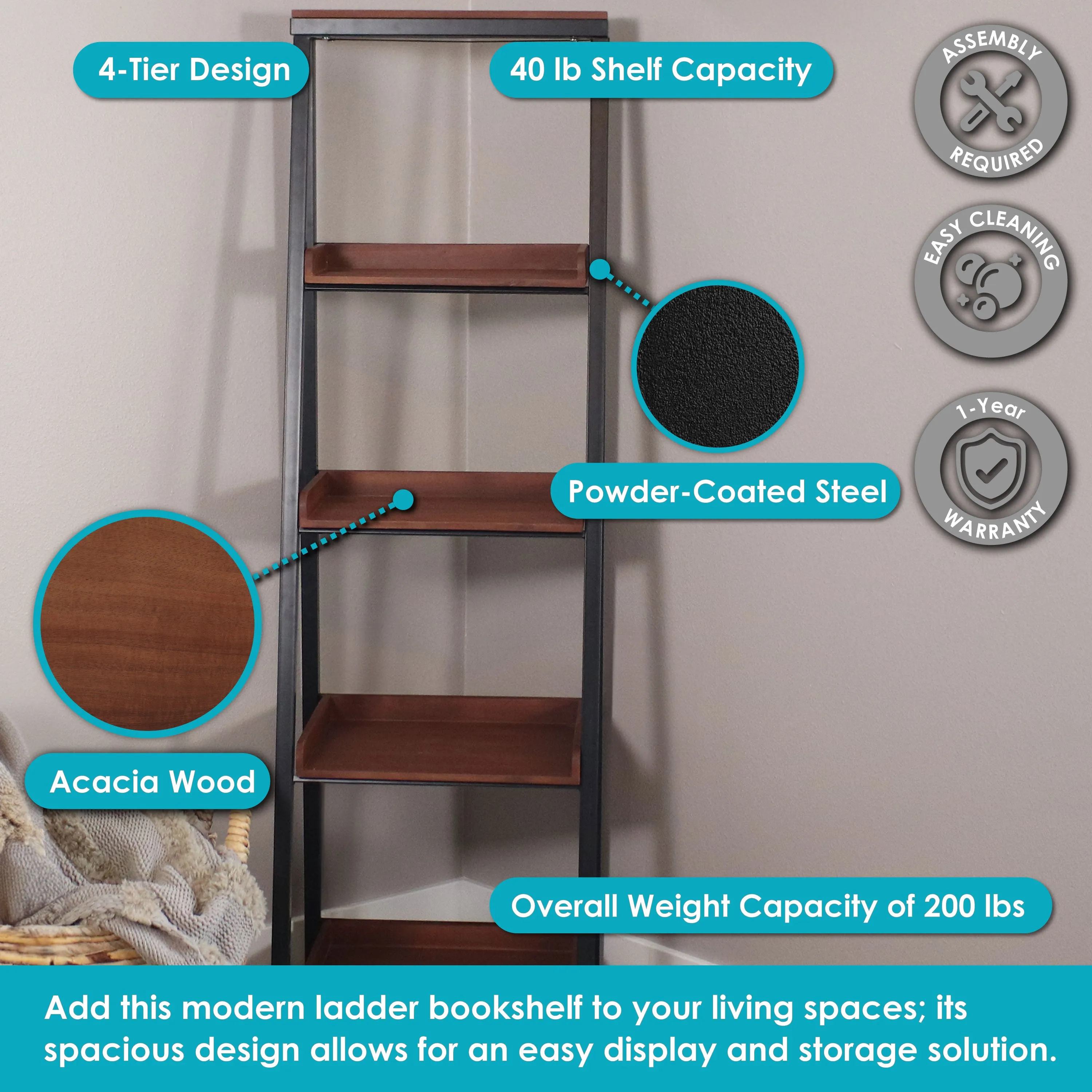 Sunnydaze Indoor 4-Tier Leaning Ladder Shelf - 59.75" H