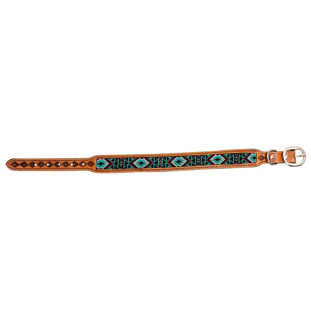 TEAL WHITZER AZTEC HAND-TOOLED PADDED LEATHER DOG COLLAR