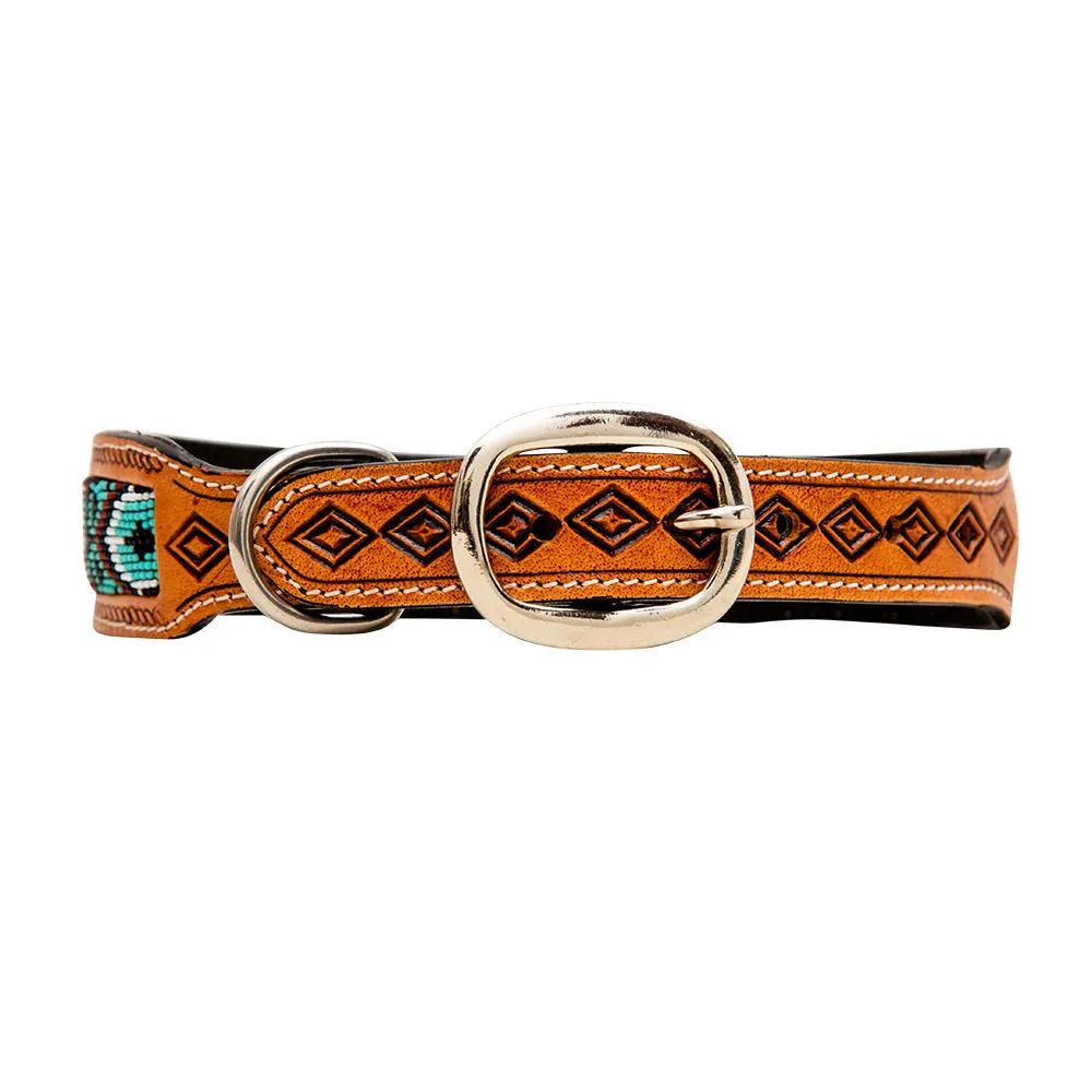 TEAL WHITZER AZTEC HAND-TOOLED PADDED LEATHER DOG COLLAR