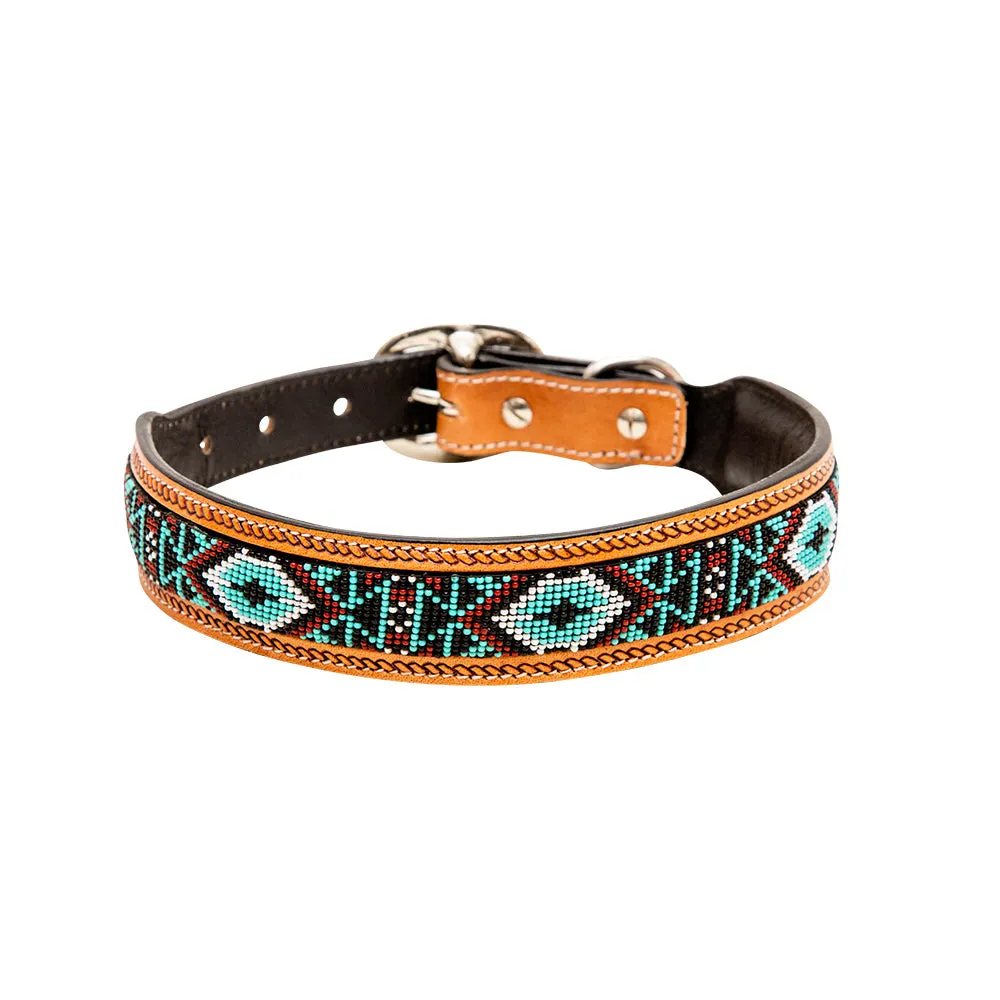 TEAL WHITZER AZTEC HAND-TOOLED PADDED LEATHER DOG COLLAR