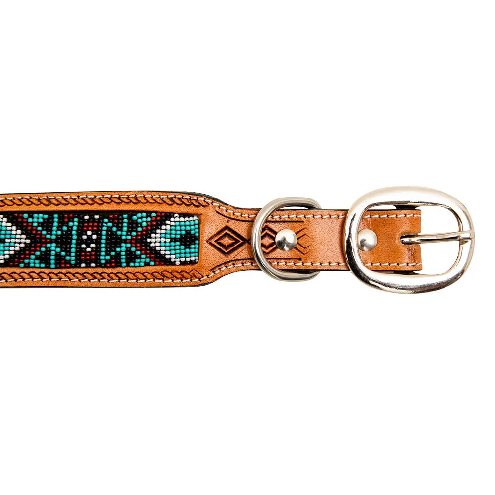 TEAL WHITZER AZTEC HAND-TOOLED PADDED LEATHER DOG COLLAR