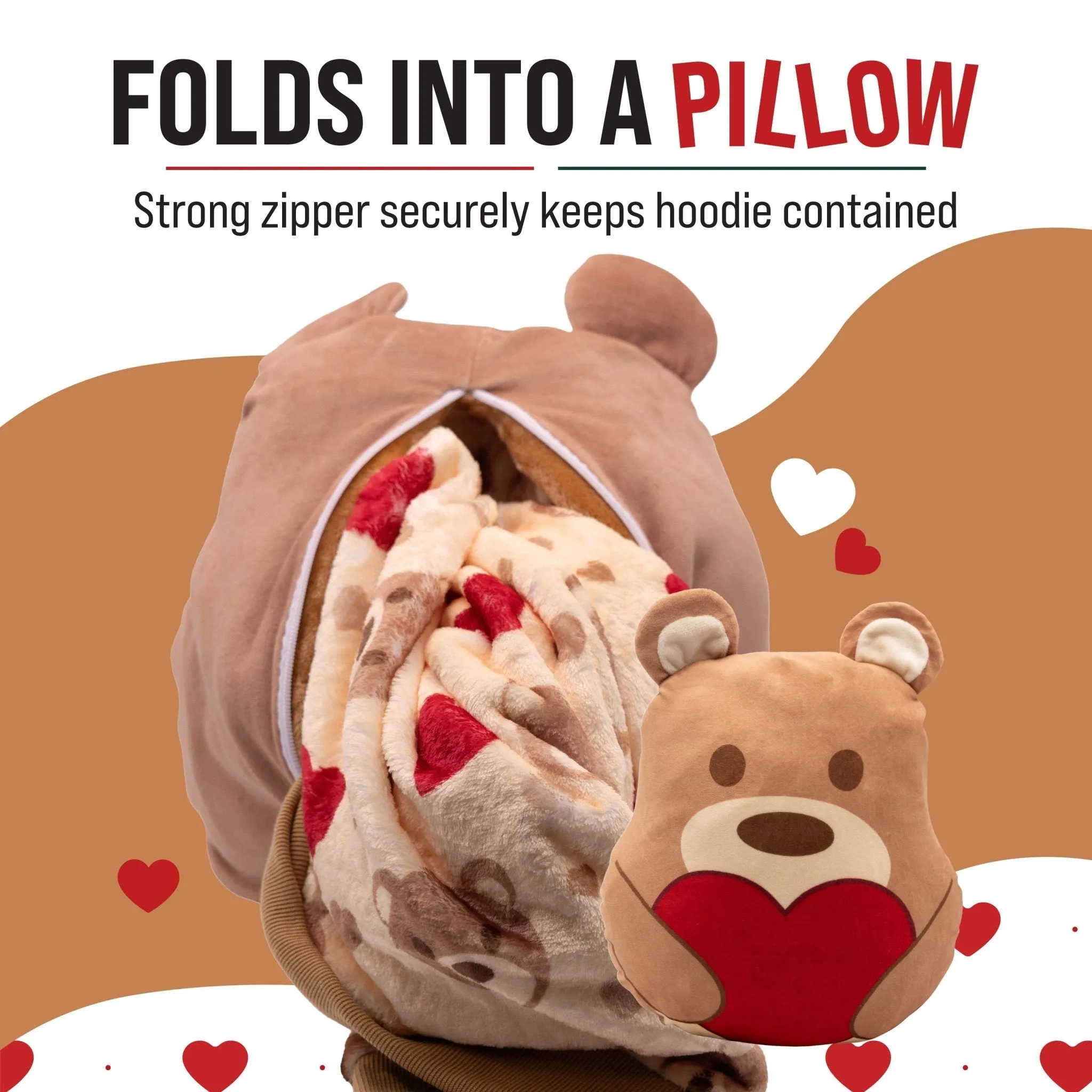 Teddy Hearts Snugible | Blanket Hoodie & Pillow