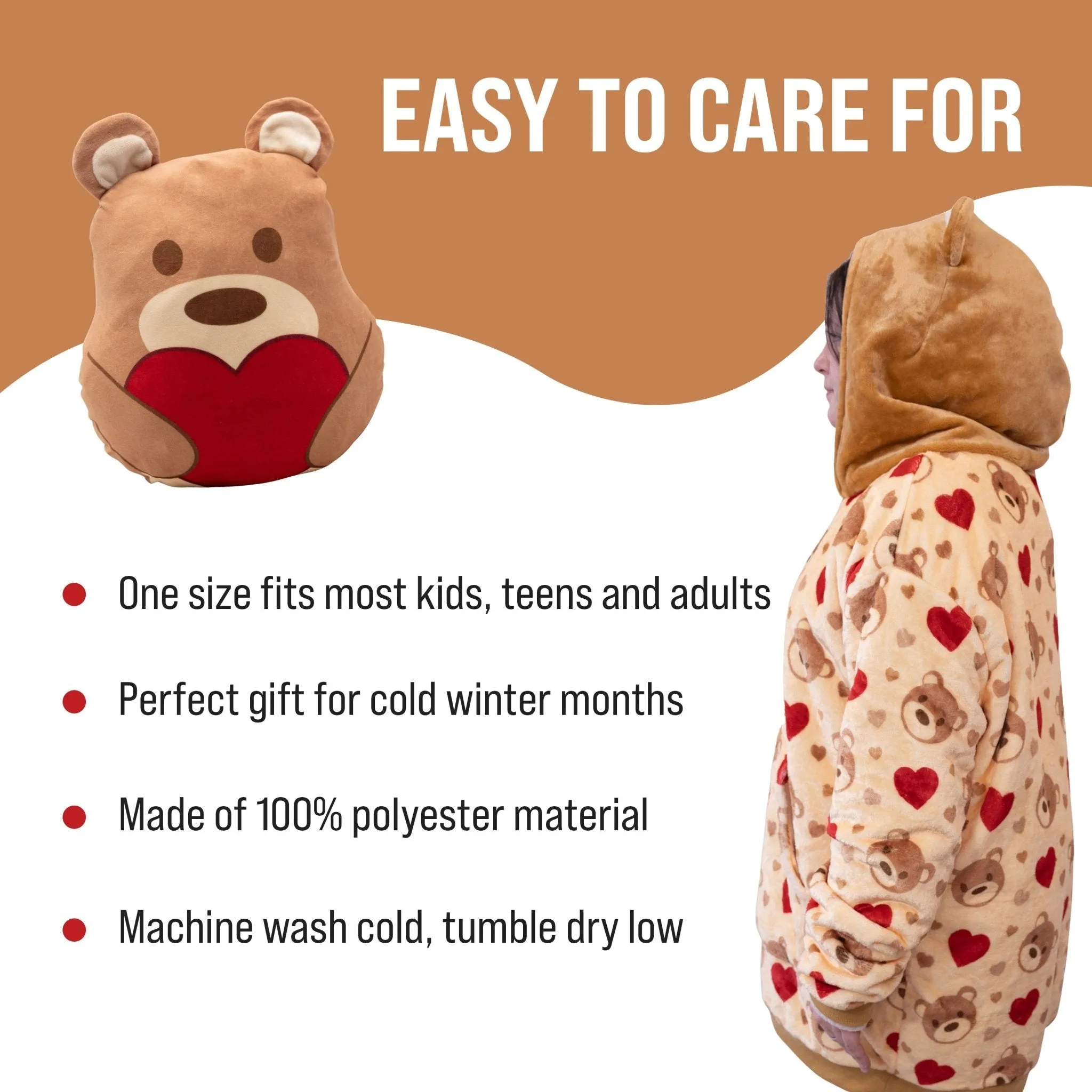 Teddy Hearts Snugible | Blanket Hoodie & Pillow