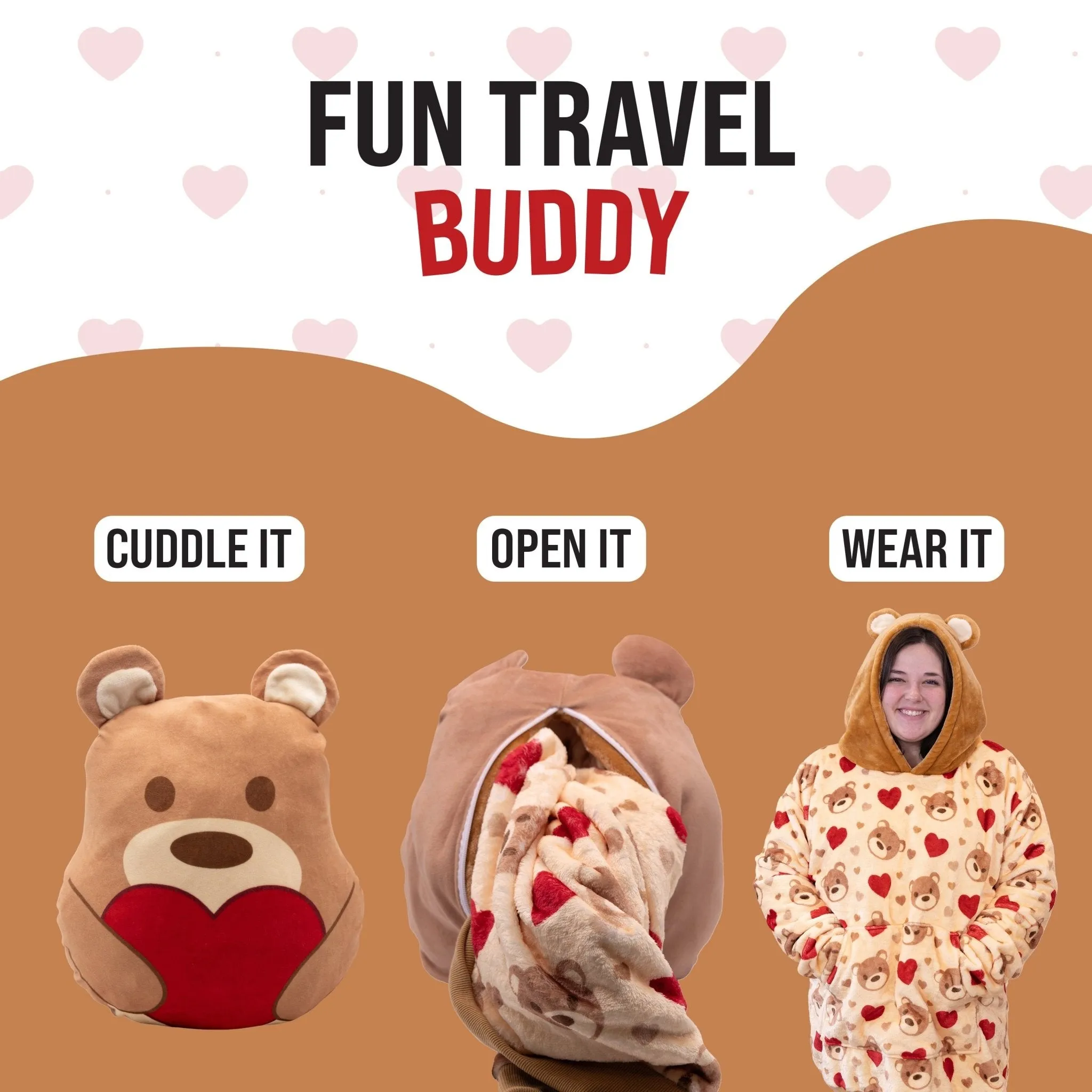 Teddy Hearts Snugible | Blanket Hoodie & Pillow