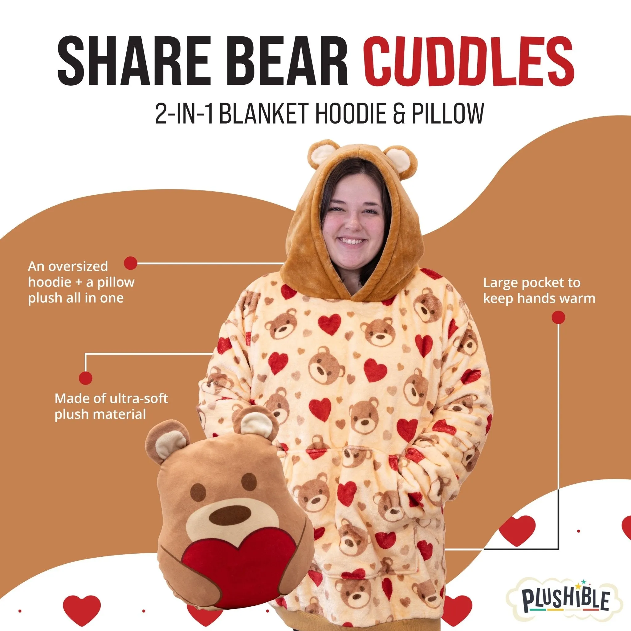 Teddy Hearts Snugible | Blanket Hoodie & Pillow