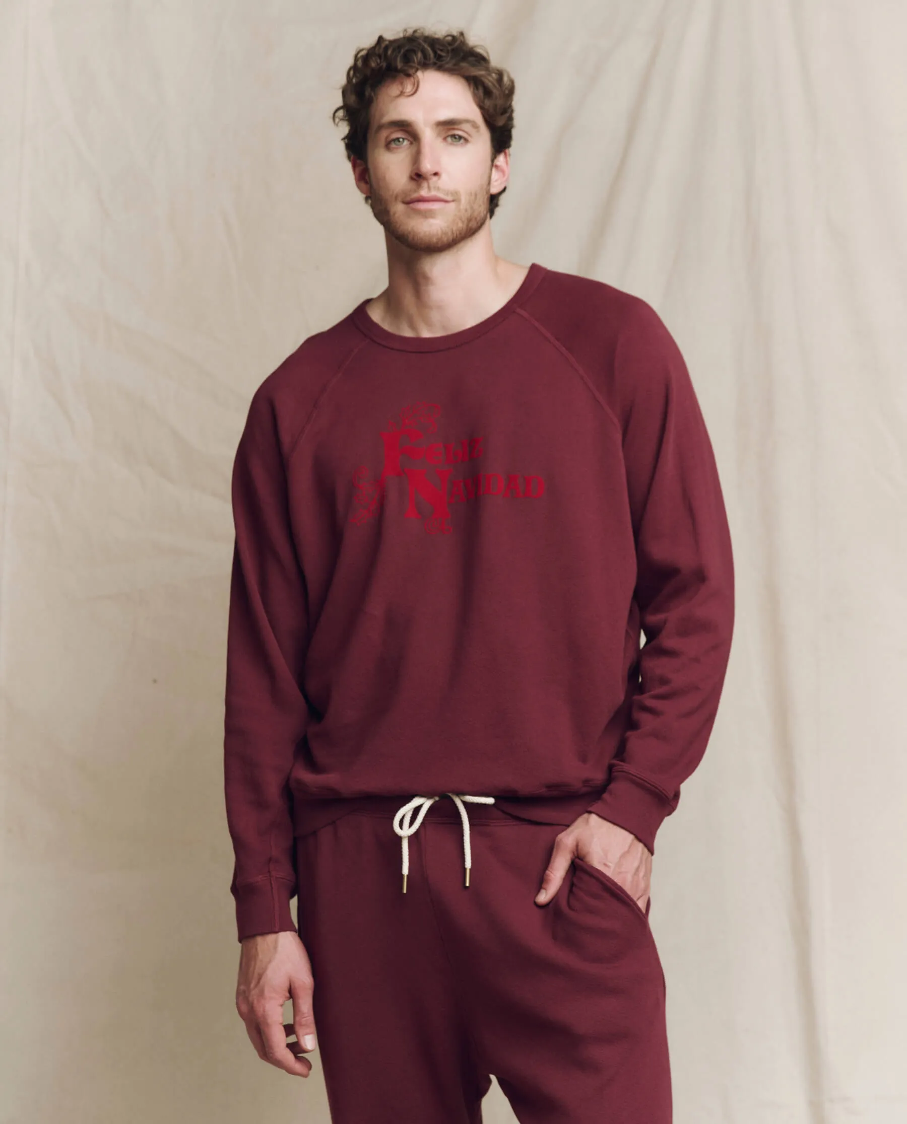 The Men's College Sweatshirt. Graphic -- Mulled Wine with Feliz Navidad Graphic