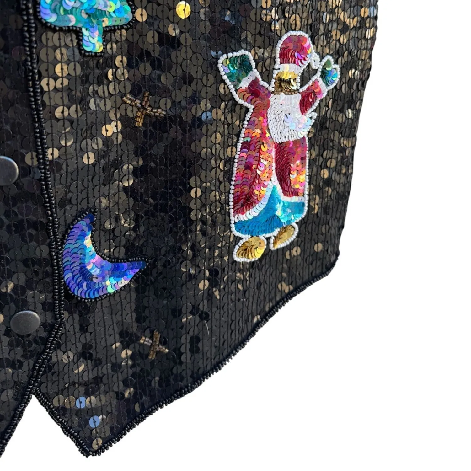 The Quacker Factory Vintage Black Holiday Santa Tree Snap Closure Sequin Vest S