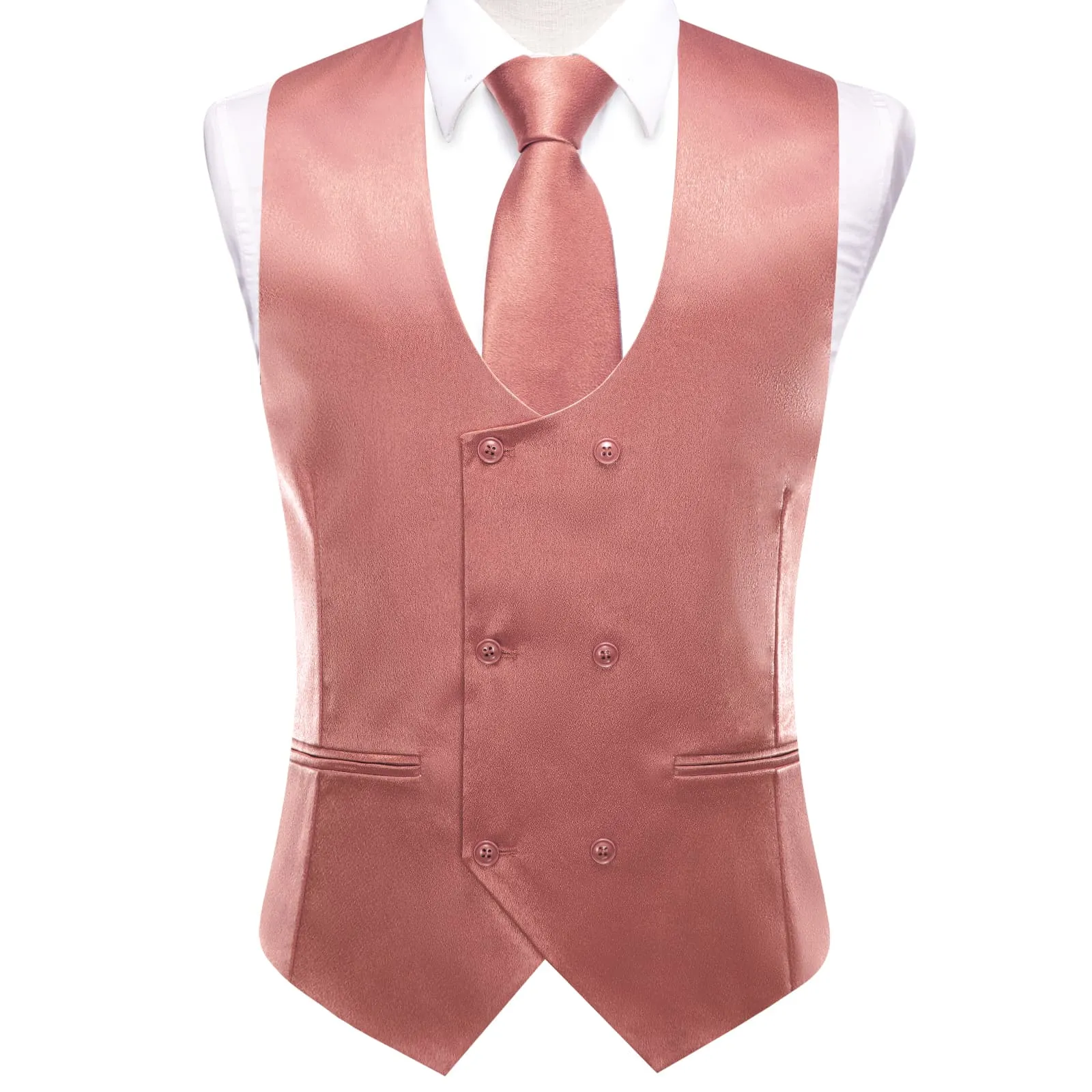 Ties2you Double Breasted Vest Old Rose Pink Solid Wedding Mens Vest Tie Bowtie Set 5PC